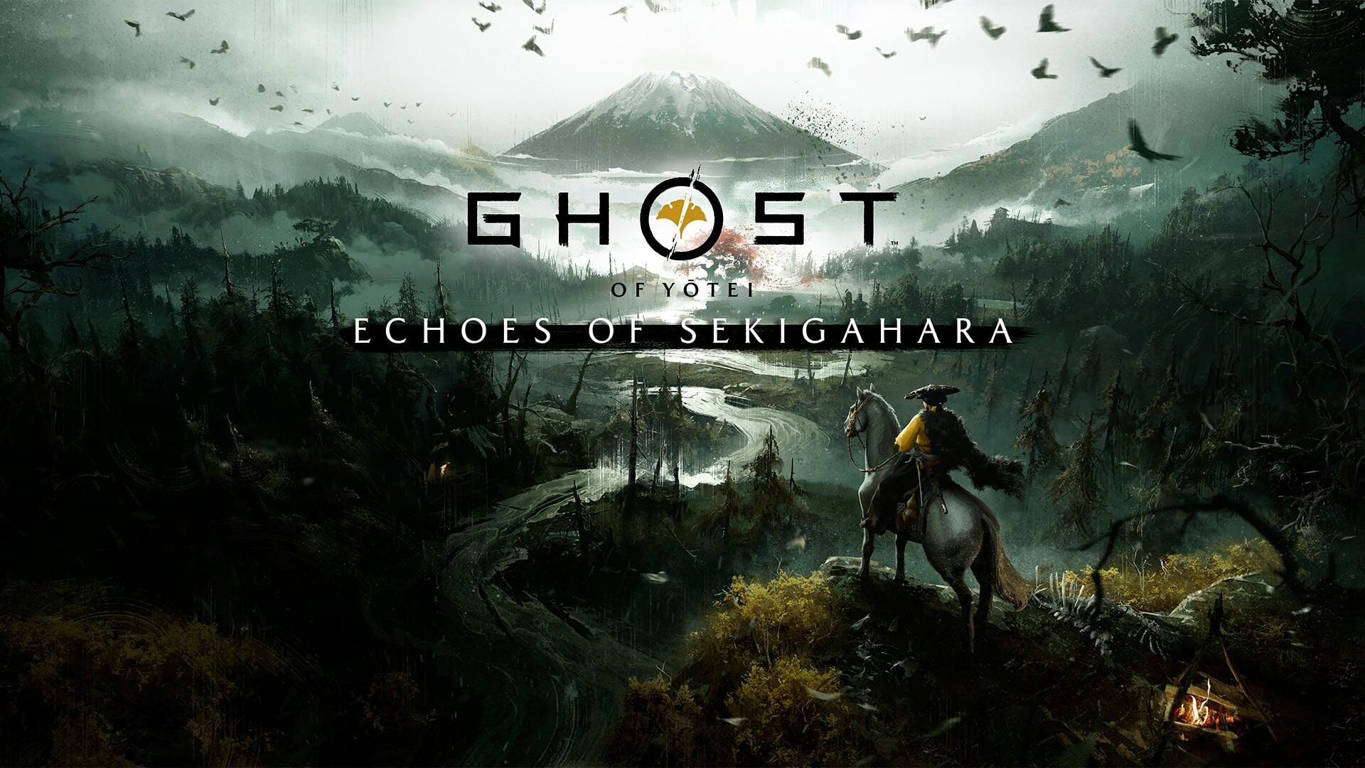 HD PC desktop wallpaper for the video game Ghost of Yōtei — a lone samurai on horseback surveys a misty valley and Mount Yōtei, Echoes of Sekigahara logo looming overhead.