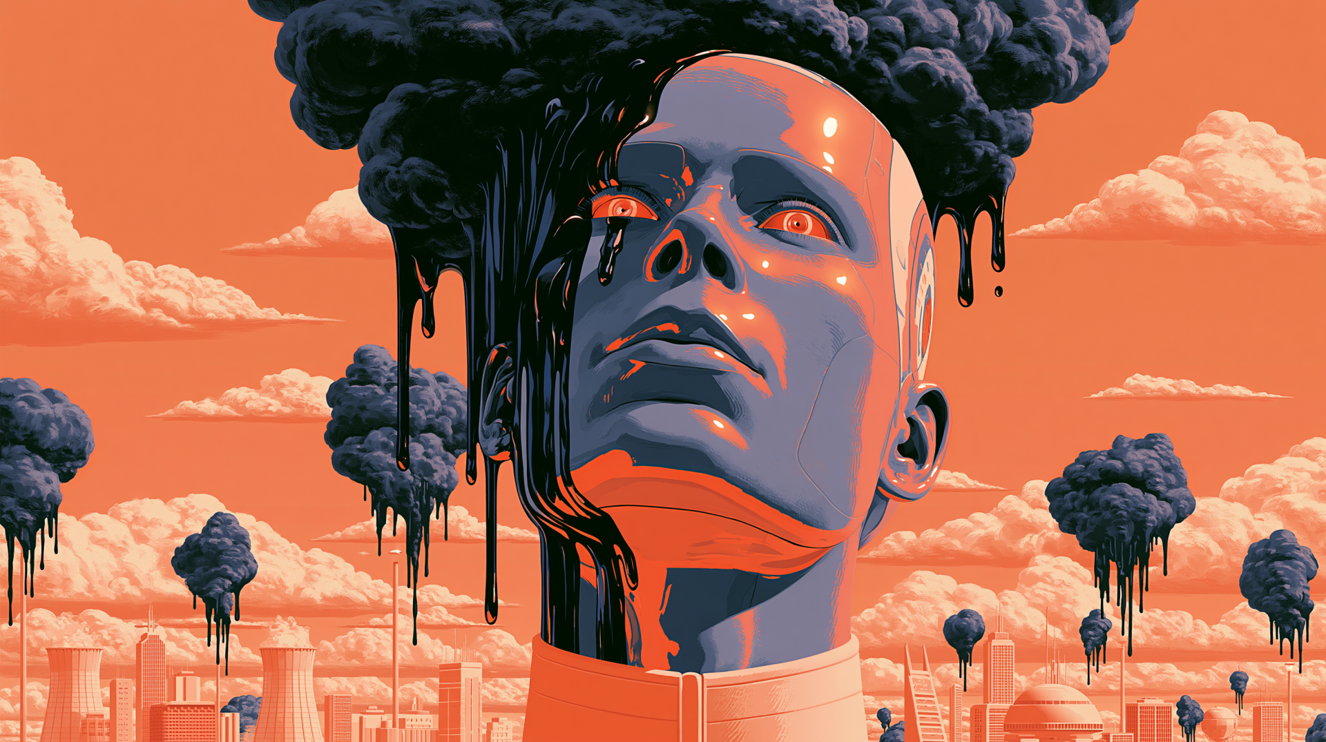 2K Quad HD PC desktop wallpaper: surreal dystopian portrait of a glossy human head melting into black smoke above a city, vivid orange sky, exploring themes of humanity.