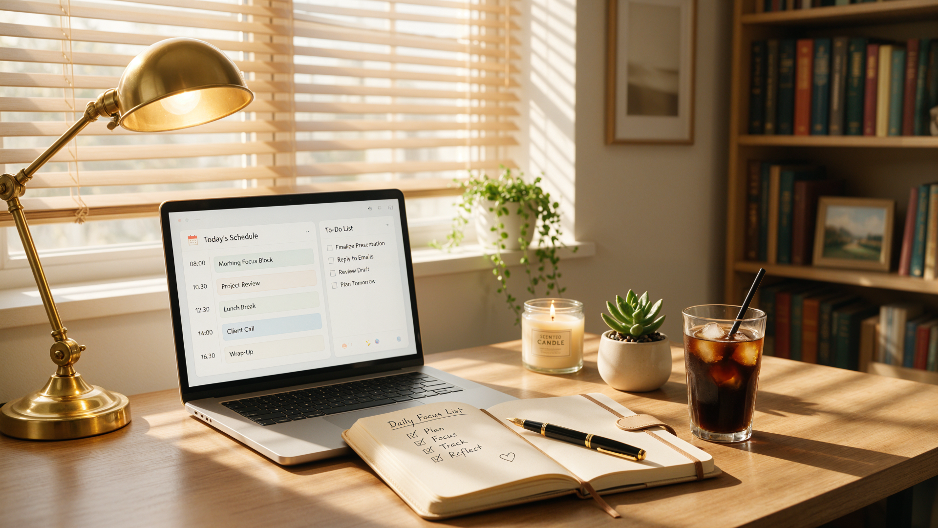 4K Ultra HD desktop wallpaper of a sunlit desk: laptop displaying tasks, open notebook with notes and pens, lamp, plant and iced drink — a productivity workspace.