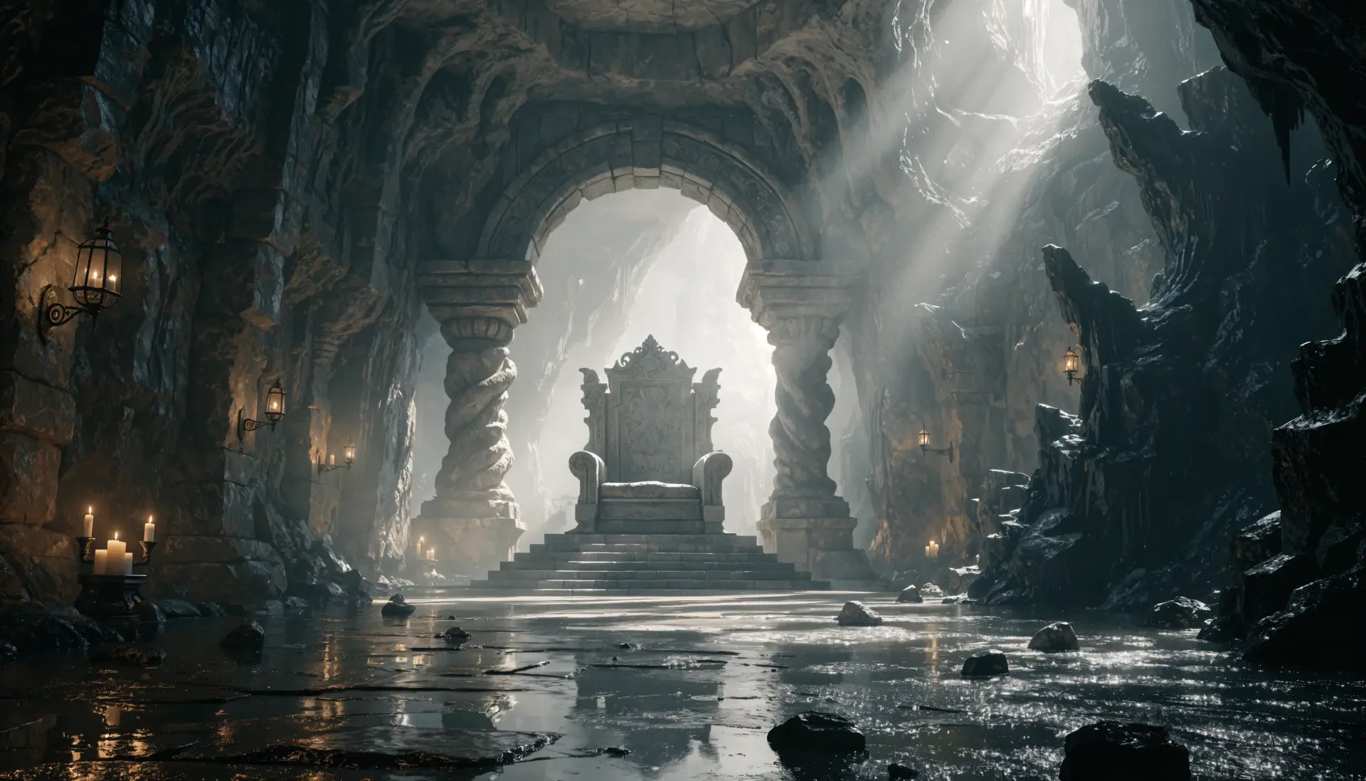 4K Ultra HD PC Desktop Wallpaper and Background: grand dwarven hall carved into a cave, a monumental throne beneath stone arches, shafts of light through mist reflecting on wet flagstones.