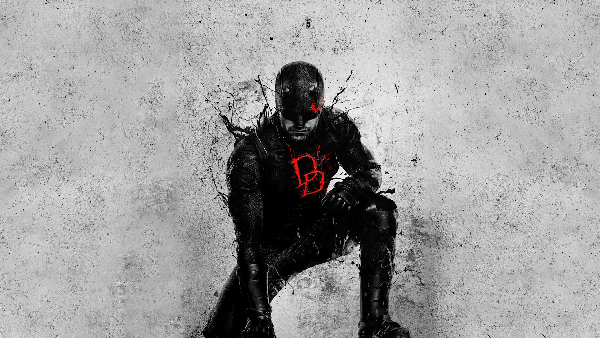 Daredevil: Born Again — 4K Ultra HD PC desktop wallpaper of armored Daredevil kneeling against cracked gray concrete, red glowing DD emblem and visor.