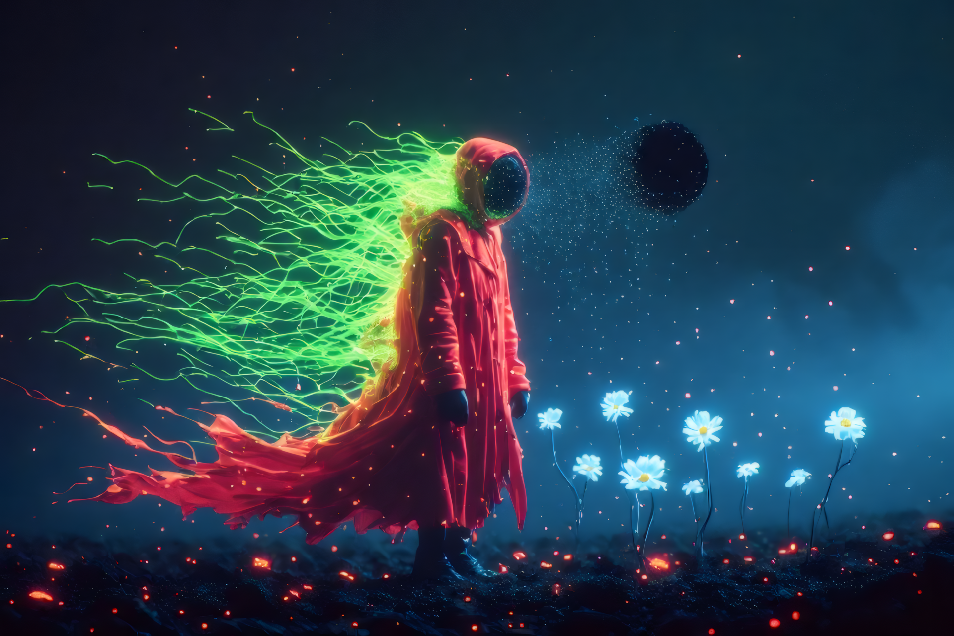 2K Quad HD PC desktop wallpaper of an extraterrestrial character: a glowing alien being in a red cloak with green energy tendrils standing in a starry space field with luminous flowers.