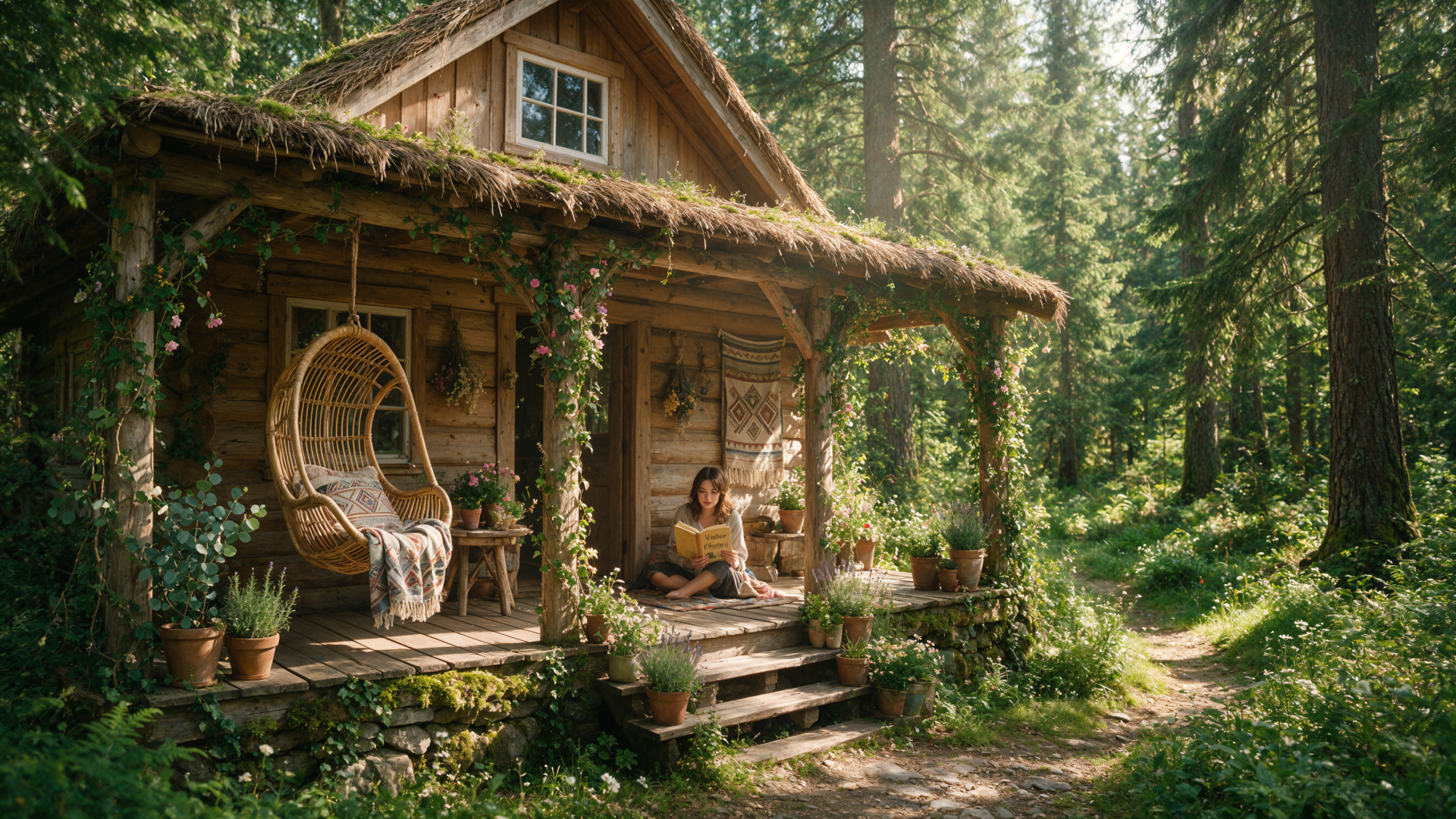 Boho cabin cottage nestled in a sunlit forest, moss-covered roof and a cozy porch with a hanging rattan chair and potted plants — 4K Ultra HD PC desktop wallpaper.