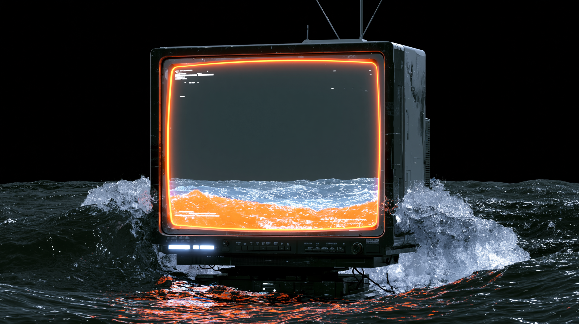 Artistic CRT television submerged in dark water, waves spilling across a glowing orange-bordered screen — 2K Quad HD PC desktop wallpaper/background.