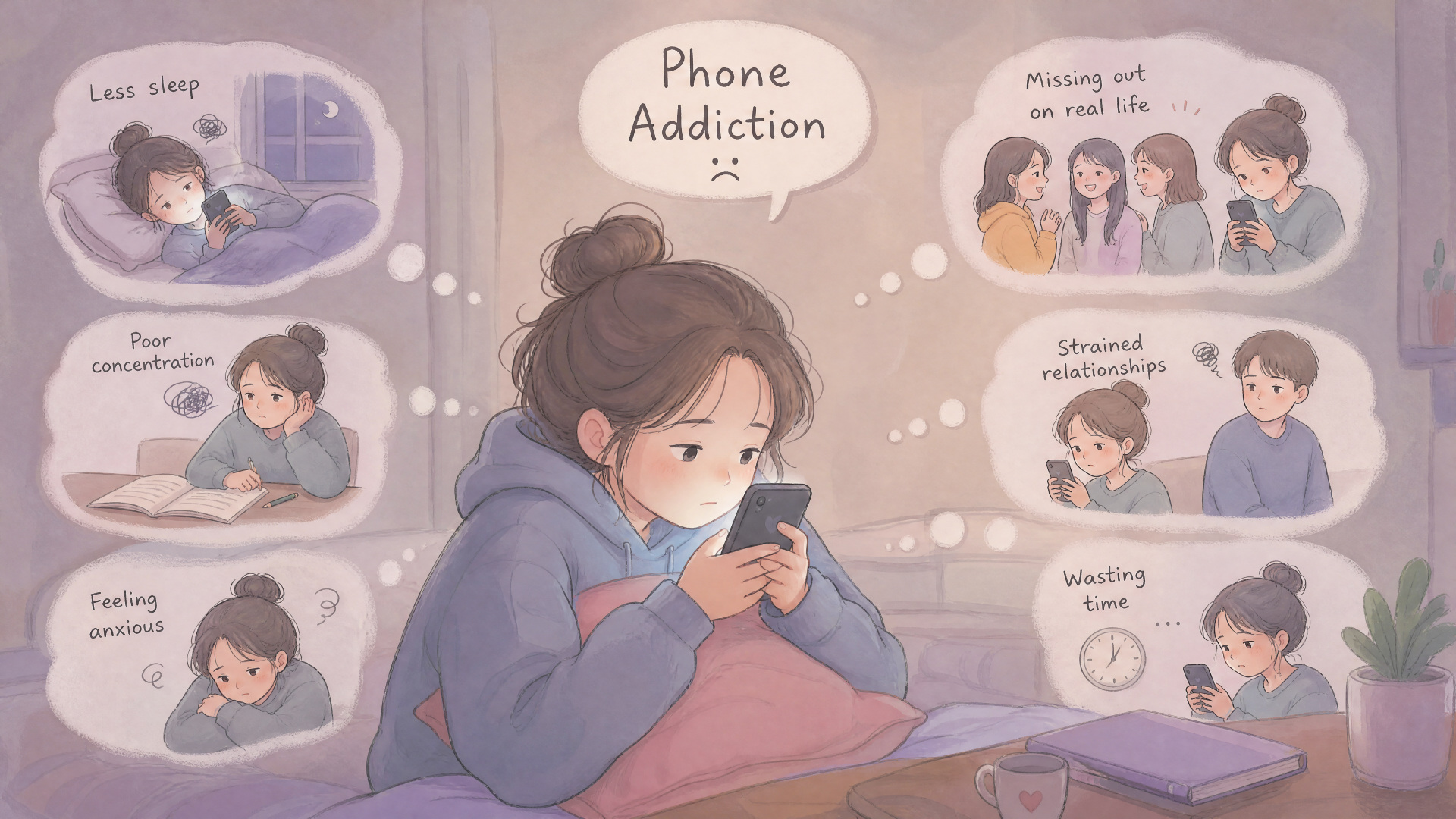 4K Ultra HD PC desktop wallpaper: girl hunched over smartphone with Phone Addiction bubble; smaller bubbles depict missed social life, strained relationships, poor sleep, anxiety and wasted time.