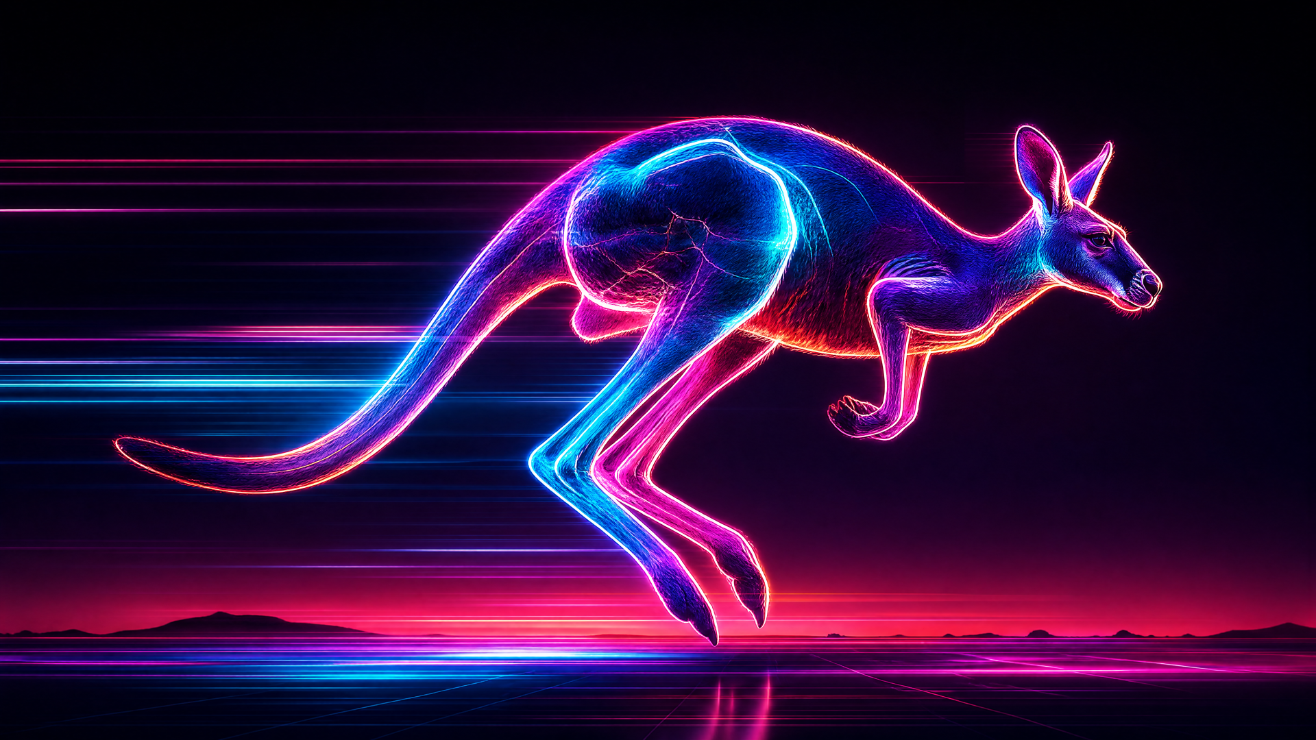 Neon cyberpunk kangaroo in motion with glowing blue and pink streaks, reflected on a sleek horizon — 4K Ultra HD PC desktop wallpaper and background.