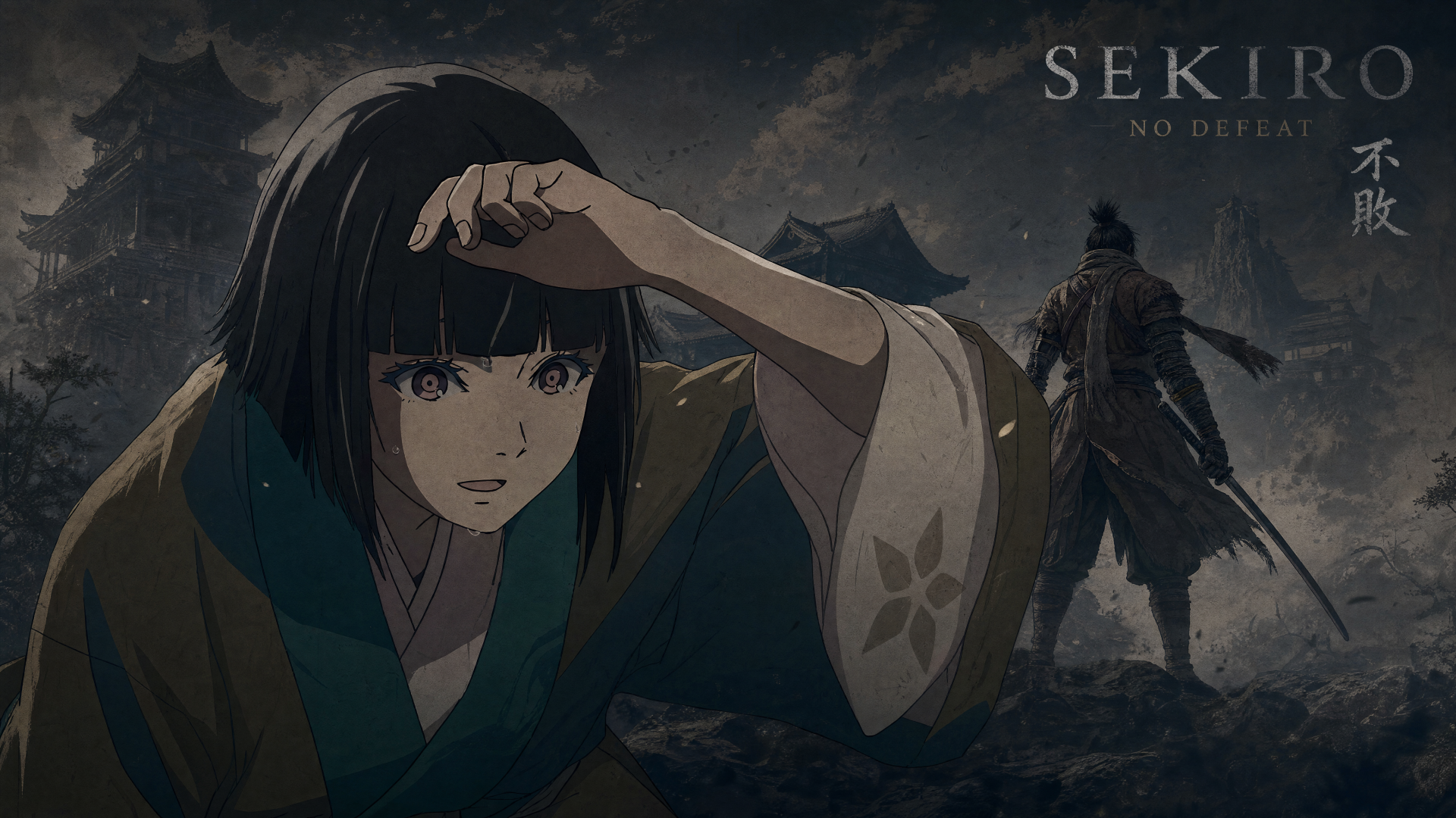 4K Ultra HD PC desktop wallpaper — Sekiro: No Defeat anime scene with a young girl in the foreground and a lone shinobi silhouetted over stormy rooftops.