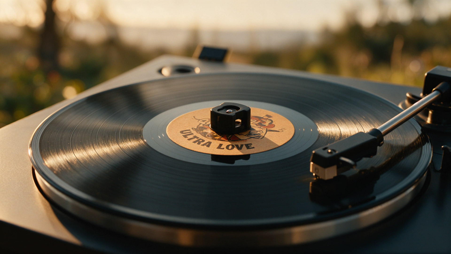 Close-up of a vinyl record spinning on a turntable with warm sunlight and soft outdoor bokeh — 4K Ultra HD PC desktop wallpaper and background.