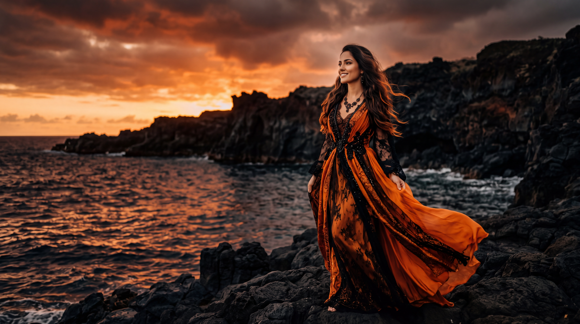 5K Ultra HD PC desktop wallpaper background: woman in flowing black-and-orange dress stands on a rocky shore at dramatic sunset, waves and volcanic rocks framing her.