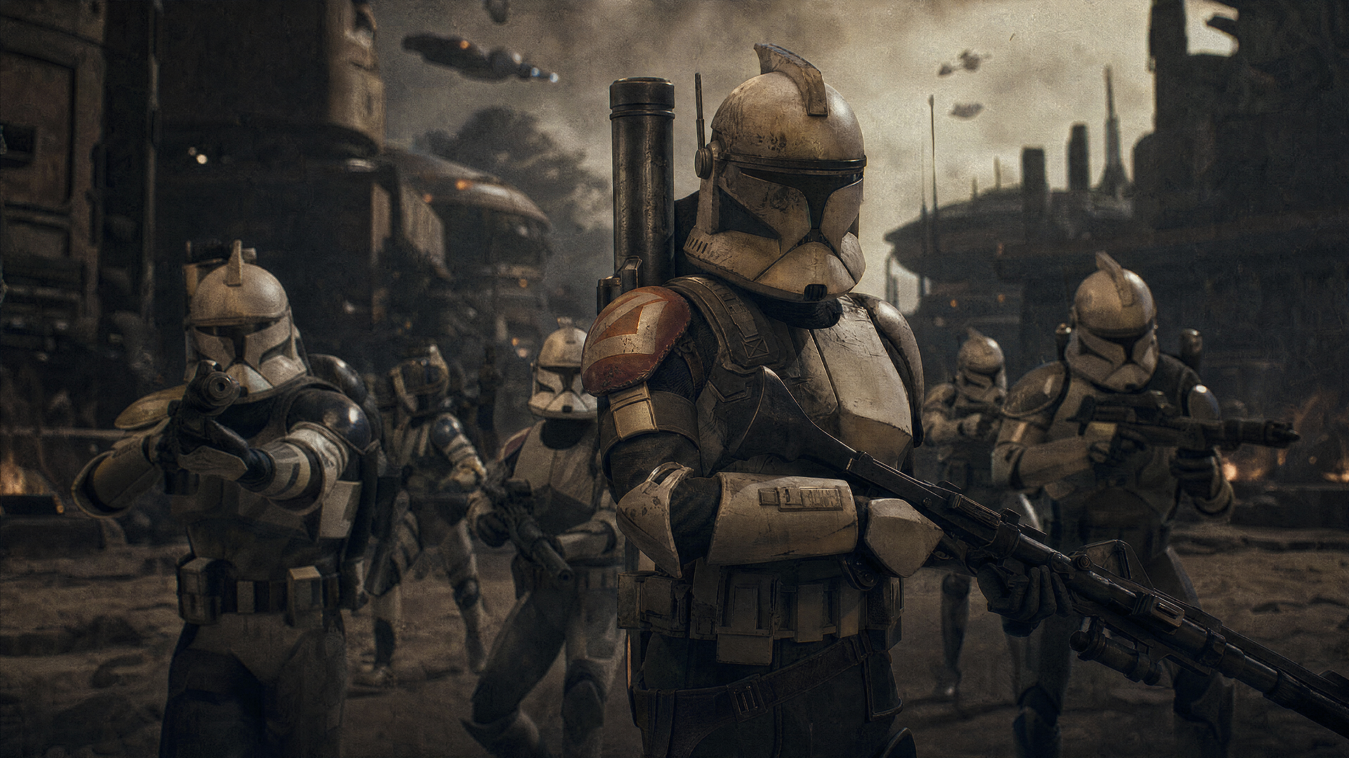 Star Wars: Zero Company video game 4K Ultra HD PC desktop wallpaper: soldiers in heavy armor with blasters march through a ruined city as ships hover overhead.