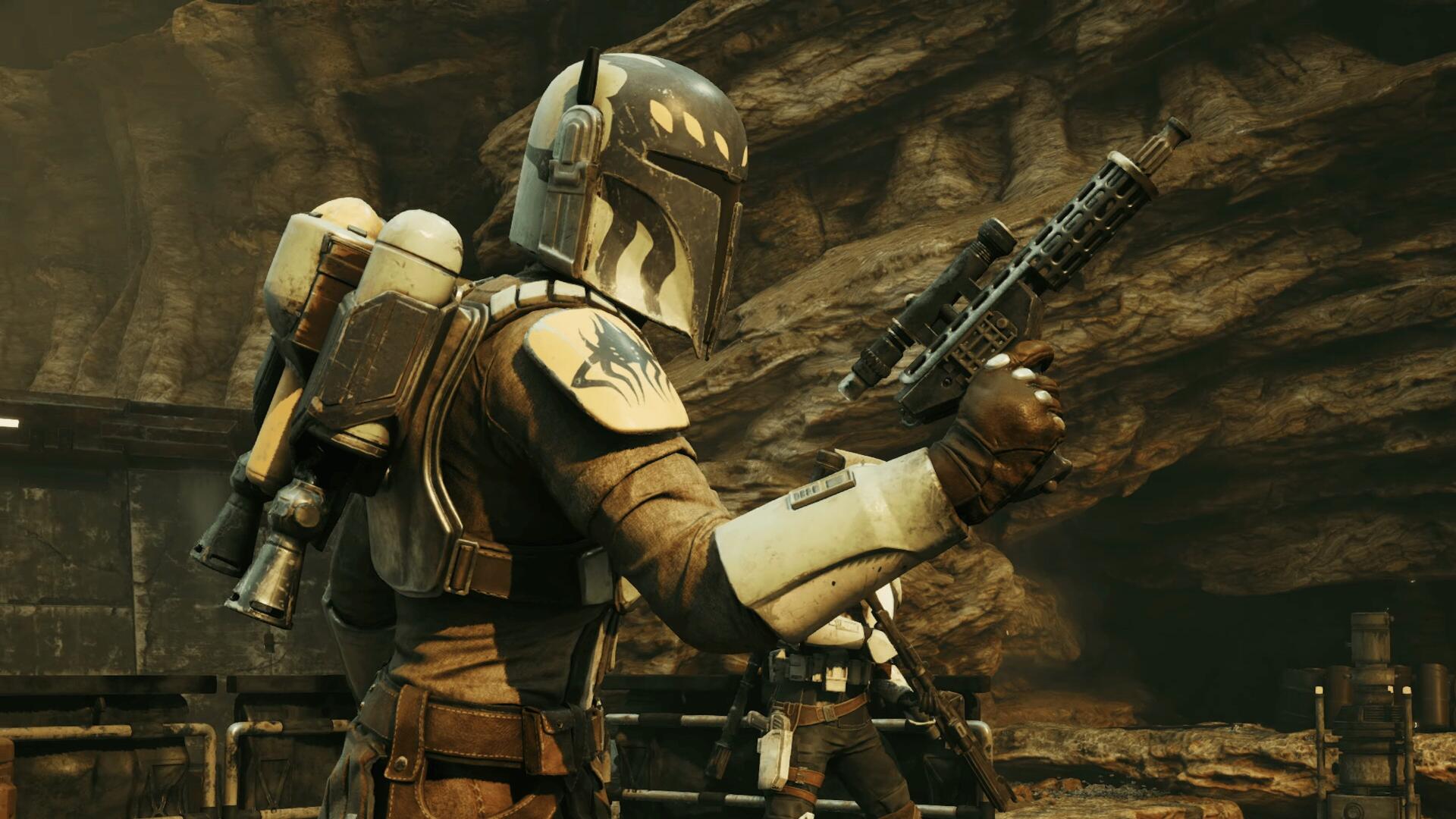 4K Ultra HD PC desktop wallpaper background: Star Wars: Zero Company video game soldier in weathered armor aiming a blaster in a rocky canyon.