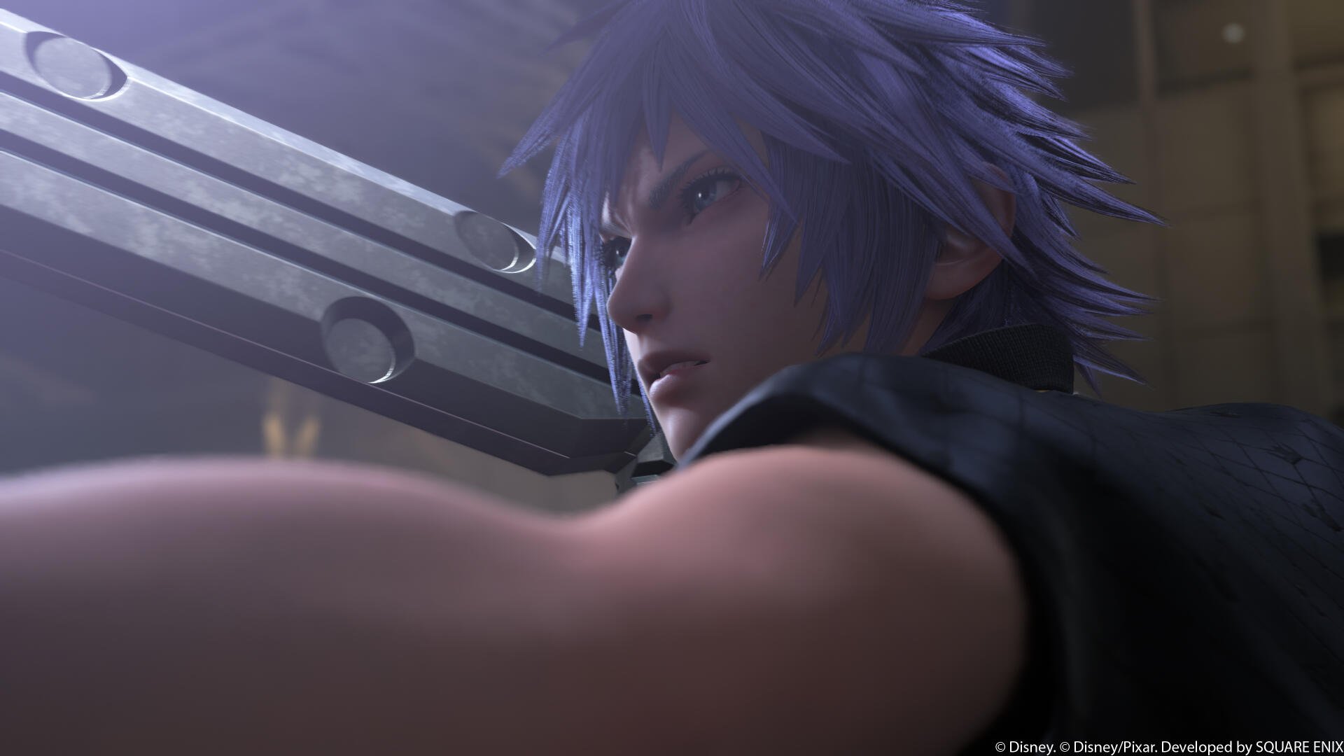 Kingdom Hearts IV anime-style 4K Ultra HD PC desktop wallpaper: close-up of a blue‑haired protagonist gripping a massive sword amid moody, cinematic lighting.