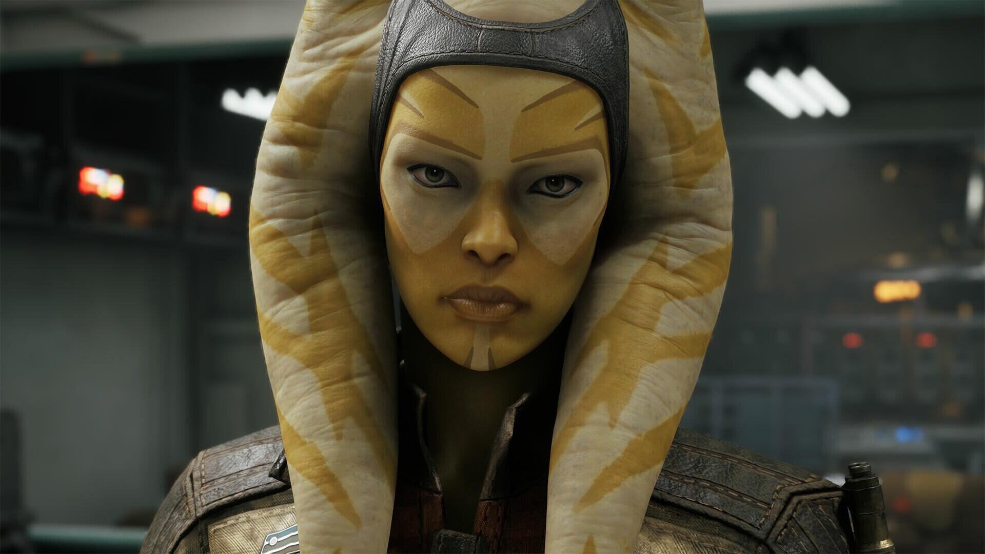 HD PC desktop wallpaper: close-up of Runa Blask, an alien from the video game Star Wars: Zero Company, stern gaze aboard a dim starship interior.