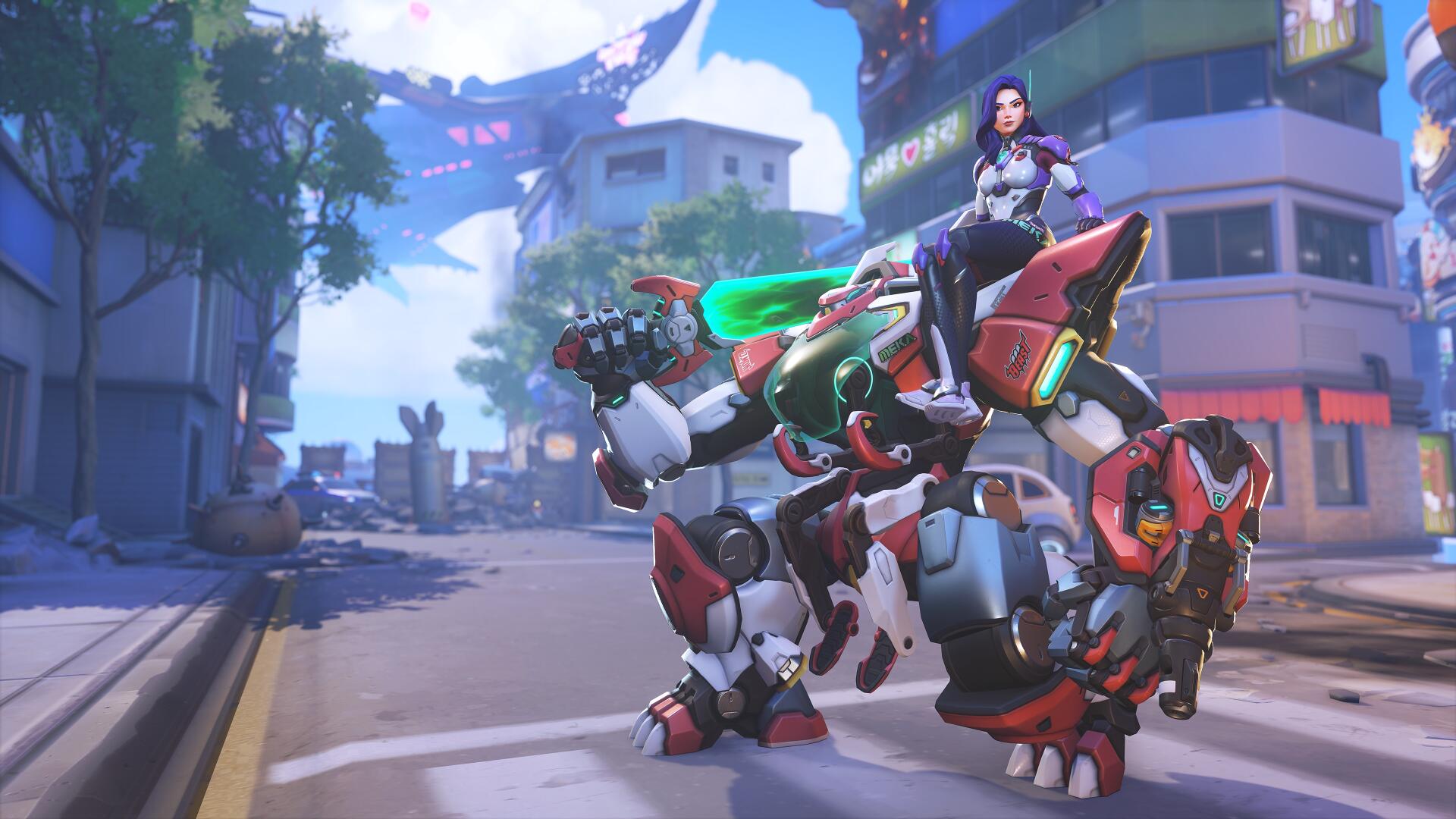 4K Ultra HD PC desktop wallpaper: Overwatch mecha dinosaur — red-and-white armored mech with a pilot on its back prowling a sunlit city street (video game).