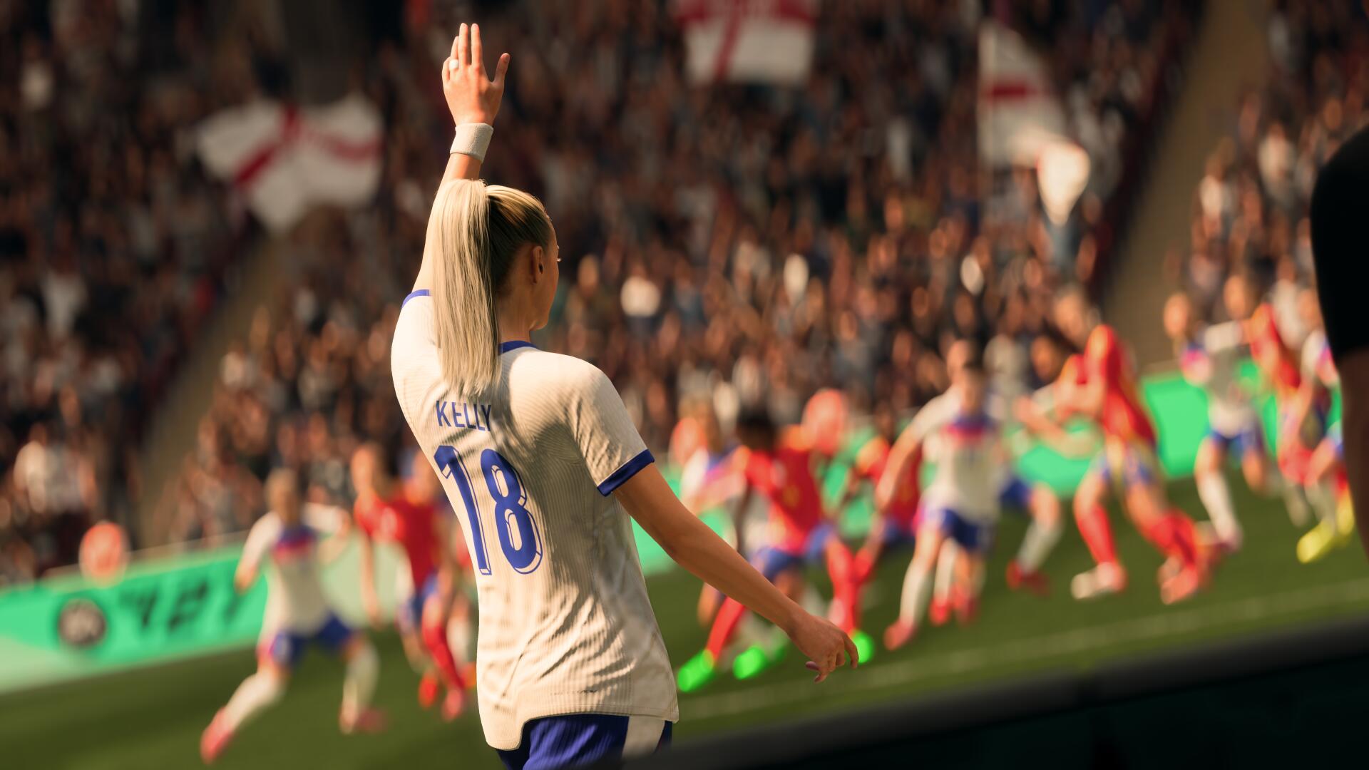 EA SPORTS FC 27 4K Ultra HD PC wallpaper: soccer player #18 raises an arm in celebration as teammates and a packed stadium blur in the background.