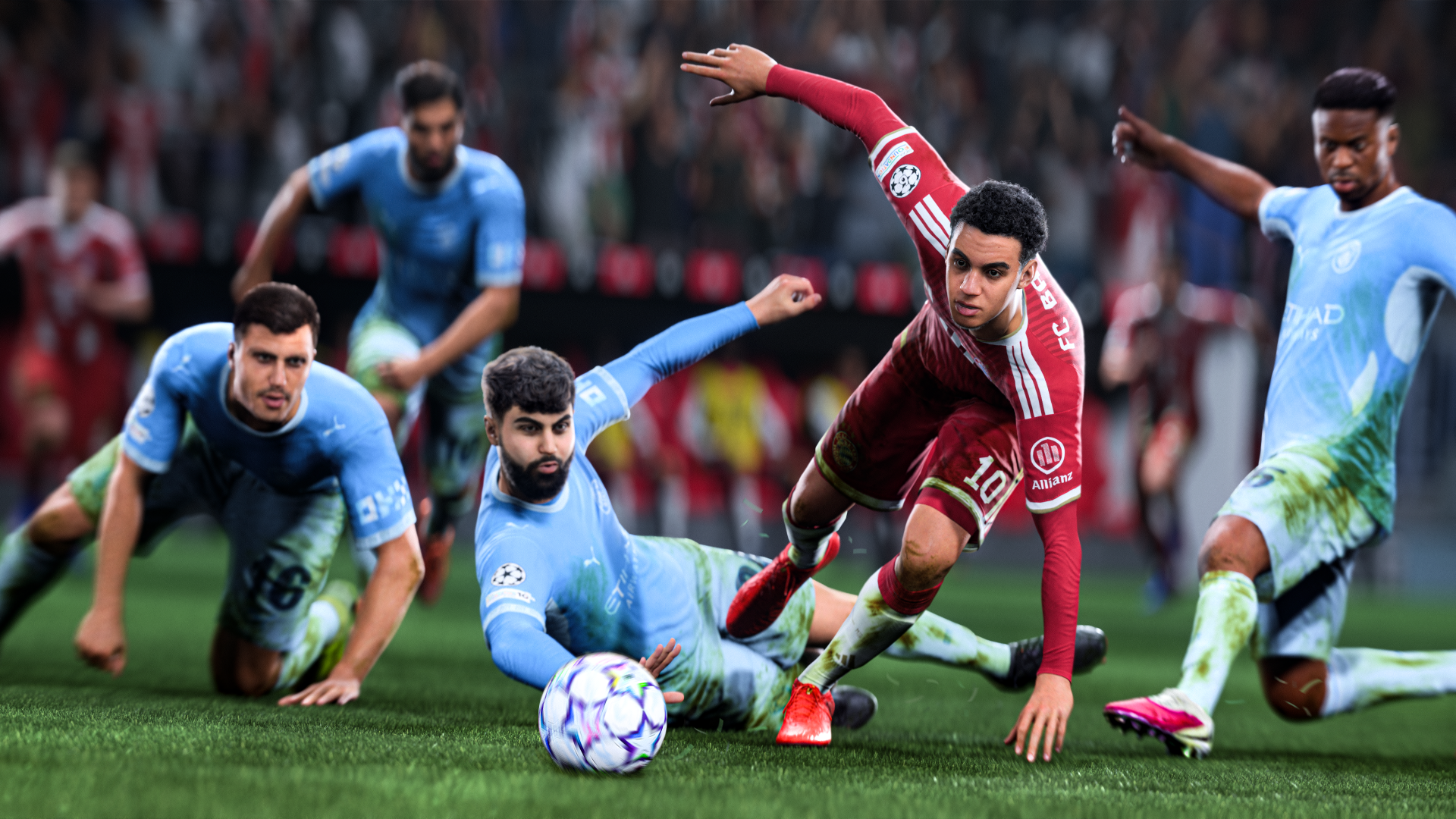 EA SPORTS FC 27 video game 4K PC wallpaper: red-team soccer player lunges for the ball as blue defenders scramble on a crowded stadium pitch.