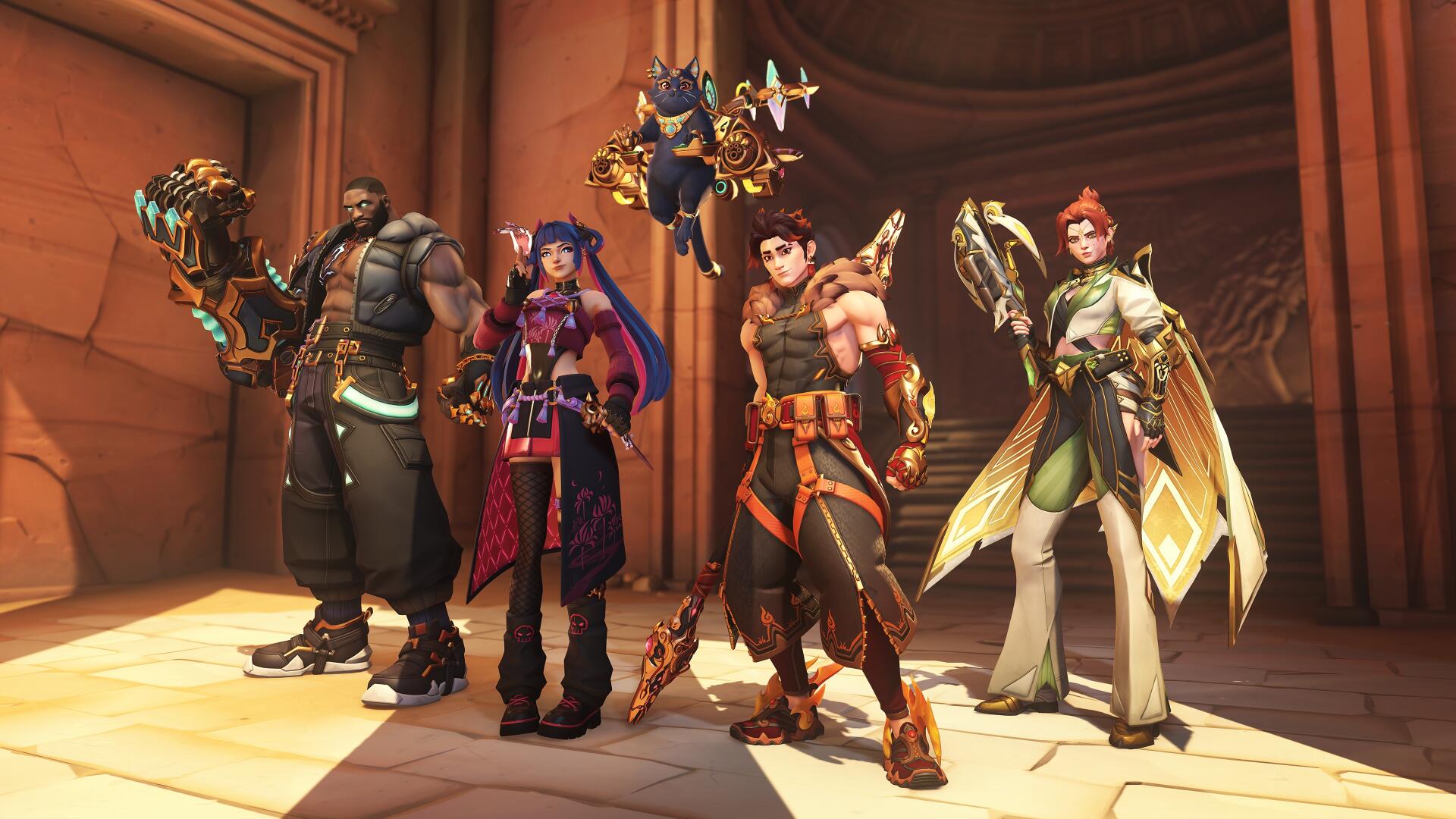 4K Ultra HD PC desktop wallpaper: Overwatch group shot of four heroes in armor and varied weapons standing in a warm-lit temple corridor, posed together as a powerful team.