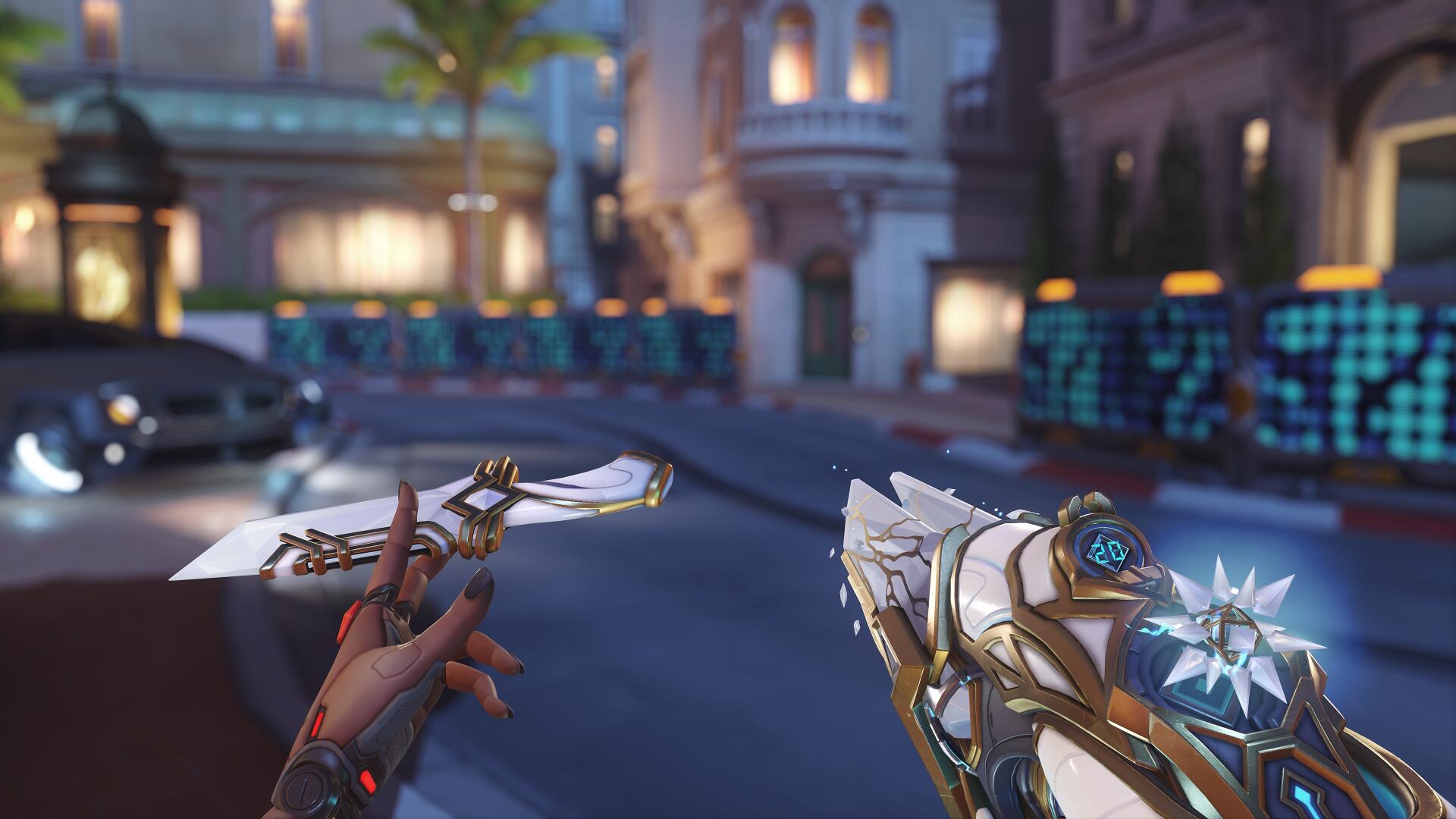 Overwatch FPS: first-person view of ornate melee blade and pistol on a neon-lit city street—4K Ultra HD PC desktop wallpaper and background.