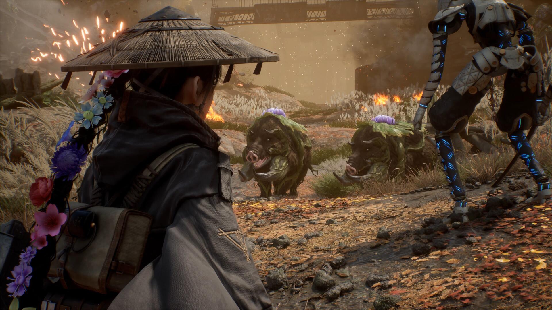 4K Ultra HD PC desktop wallpaper background: video game scene from Beast of Reincarnation—straw‑hatted samurai confronts snarling monsters and a mechanical foe on a scorched battlefield.