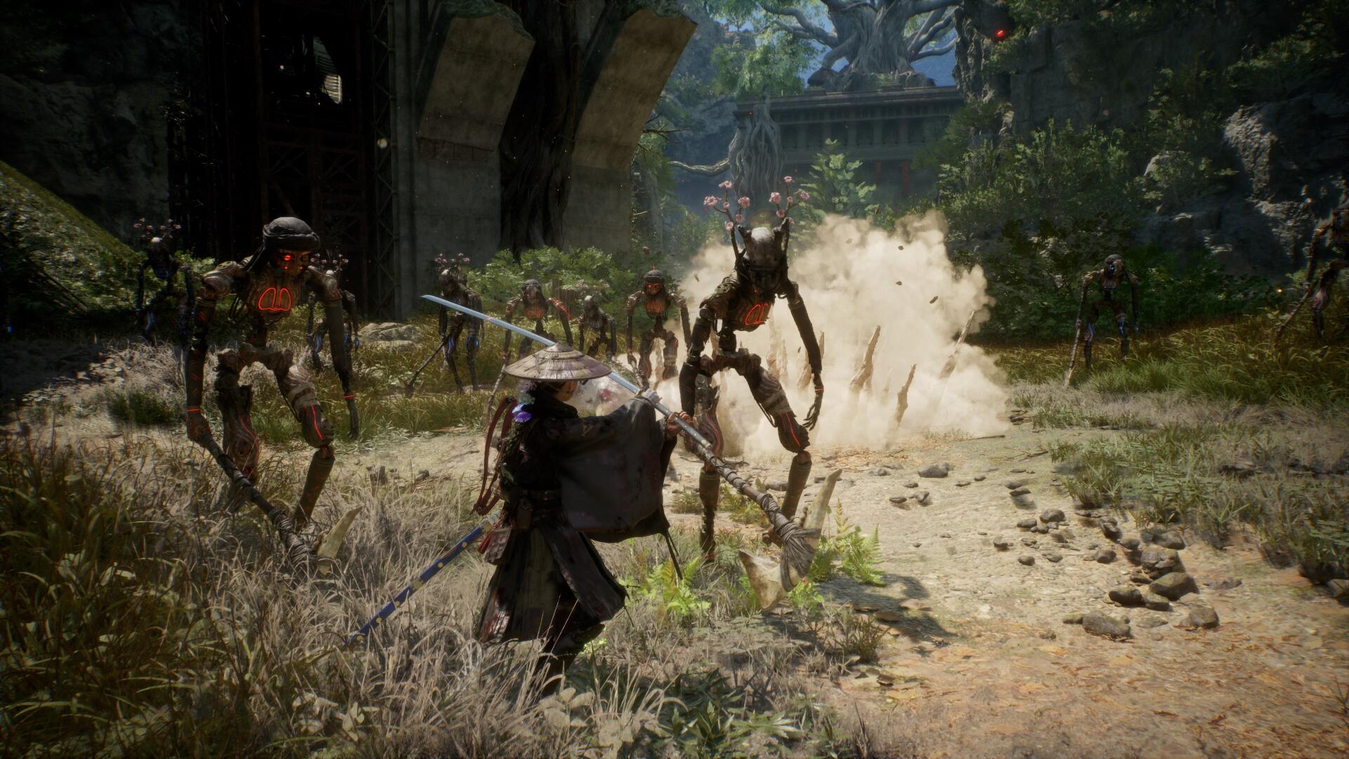 4K Ultra HD PC desktop wallpaper: video game battle with an armored hero fighting a skeletal Beast of Reincarnation and multiple monsters in a ruined courtyard.