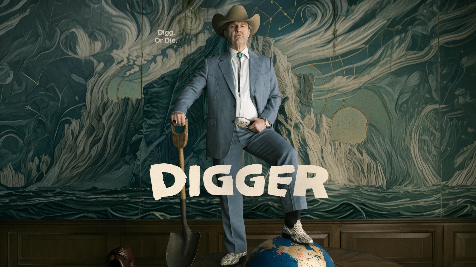 4K Ultra HD PC desktop wallpaper: a man in a suit and cowboy hat poses with a shovel, foot on a globe before a swirling mural; bold DIGGER text.