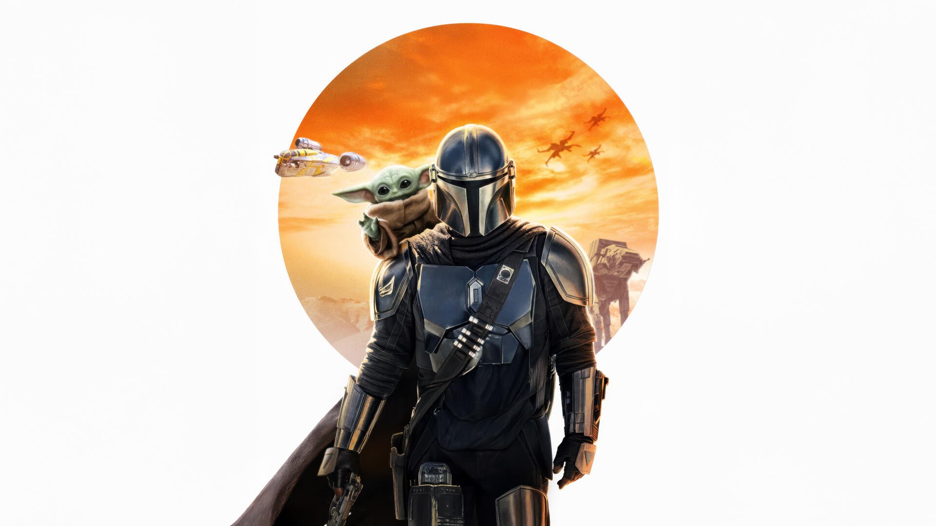 The Mandalorian in beskar armor with Grogu on his shoulder against an orange sunset circle — Star Wars 5K Ultra HD PC desktop wallpaper
