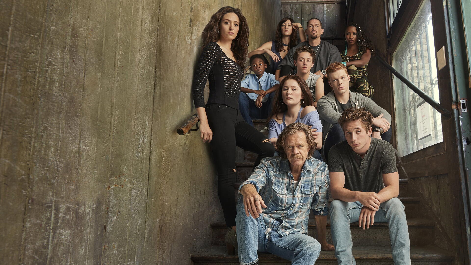 Shameless 4K Ultra HD PC desktop wallpaper: gritty family group on a concrete staircase, varied ages and expressions, moody natural light.
