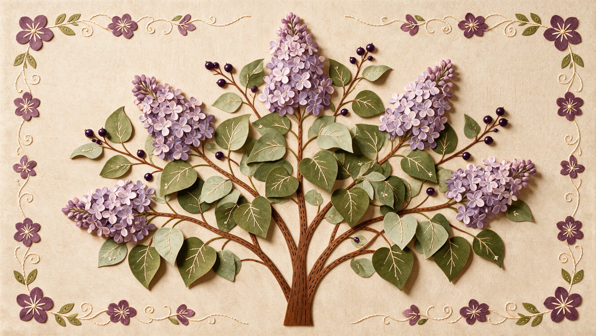 4K Ultra HD PC desktop wallpaper: stylized lilac tree with purple flower clusters and green leaves set against a beige, decorative background.