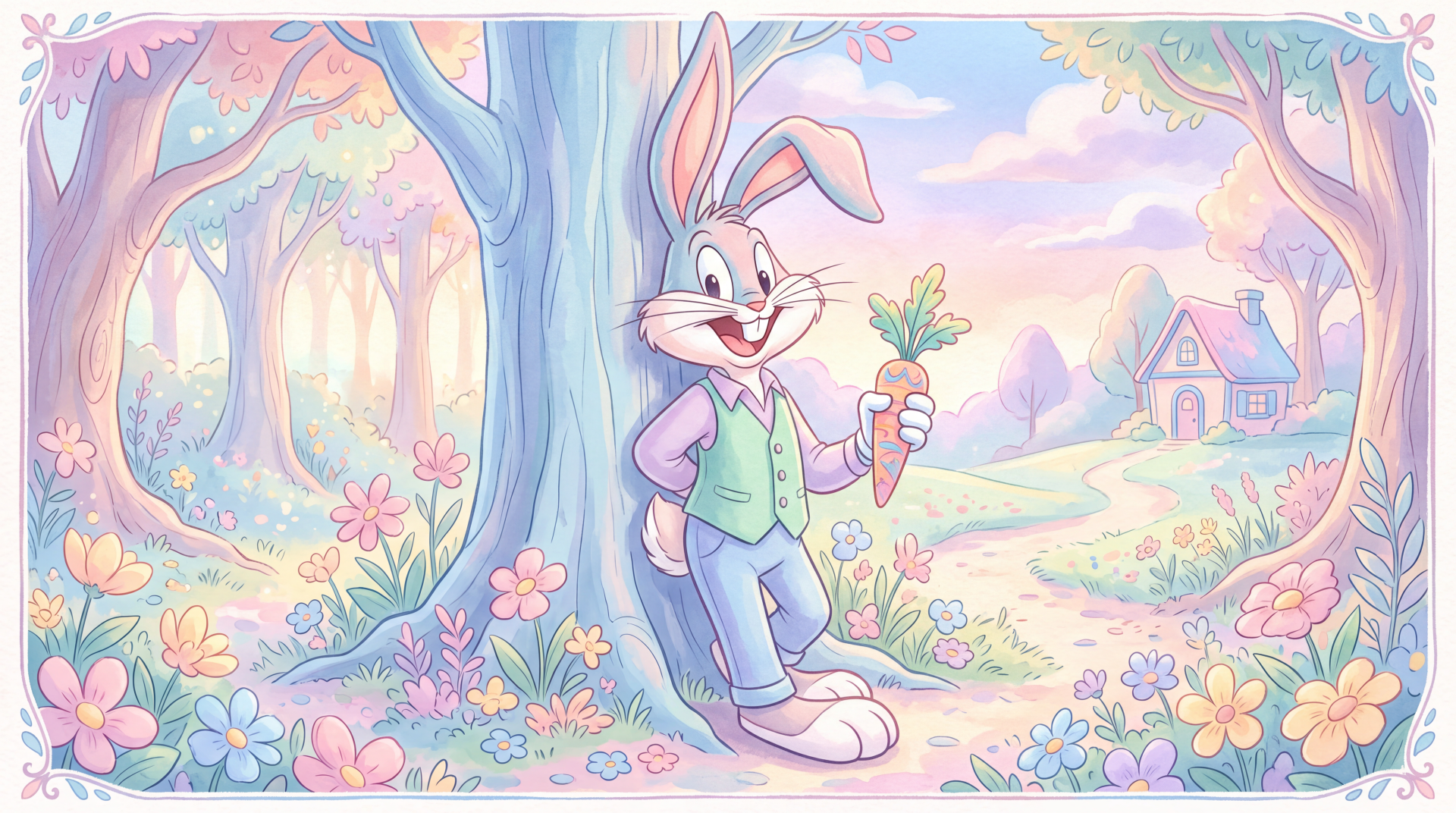 Bugs Bunny cartoon rabbit leaning against a tree, smiling and holding a carrot in a pastel meadow with flowers and a cottage — 5K Ultra HD PC desktop wallpaper.
