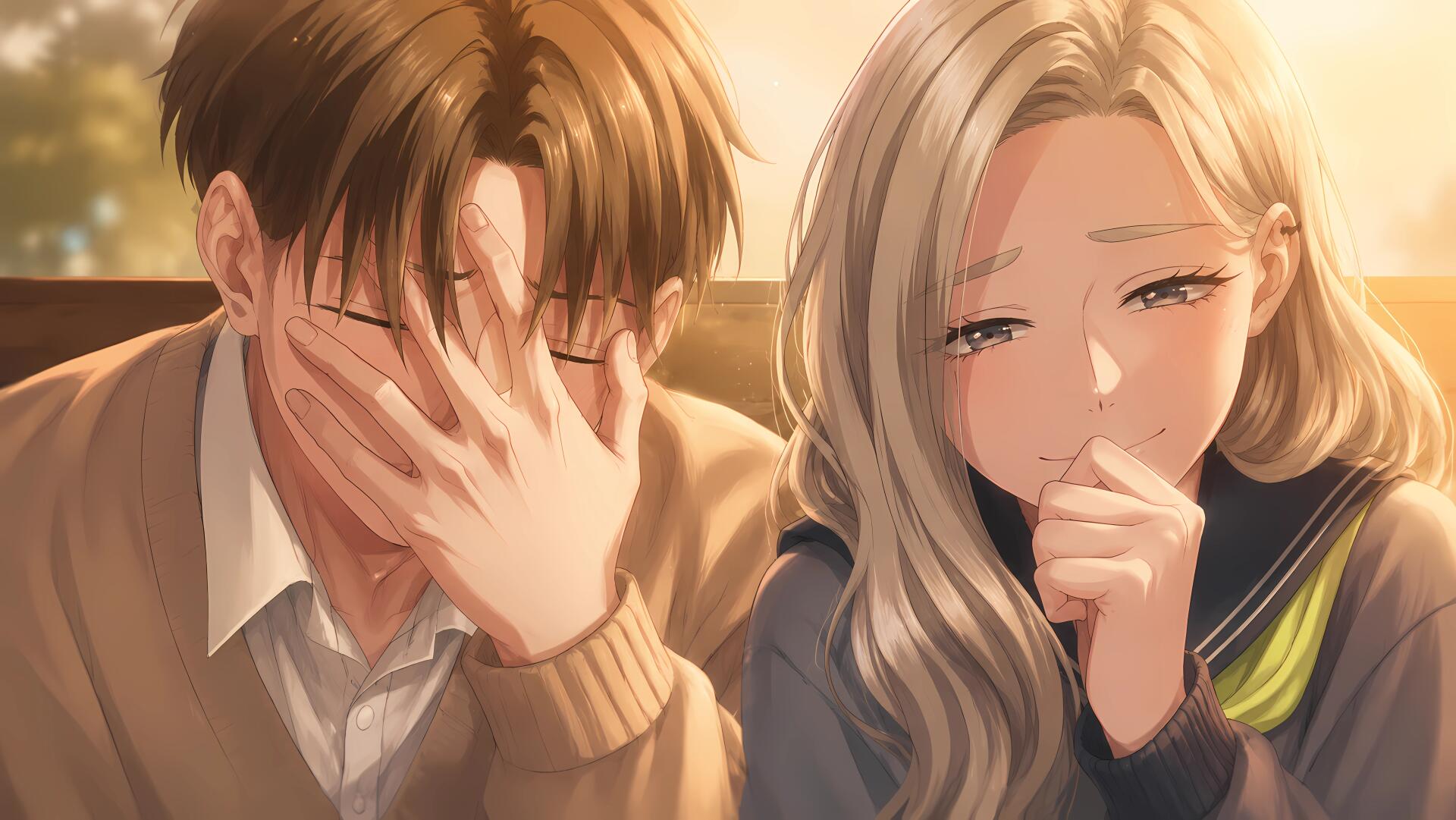 Shuuji Taira and Shino Azuma (Seihantai na Kimi to Boku) share a tender, tearful laugh in warm evening light — 5K Ultra HD PC desktop wallpaper.