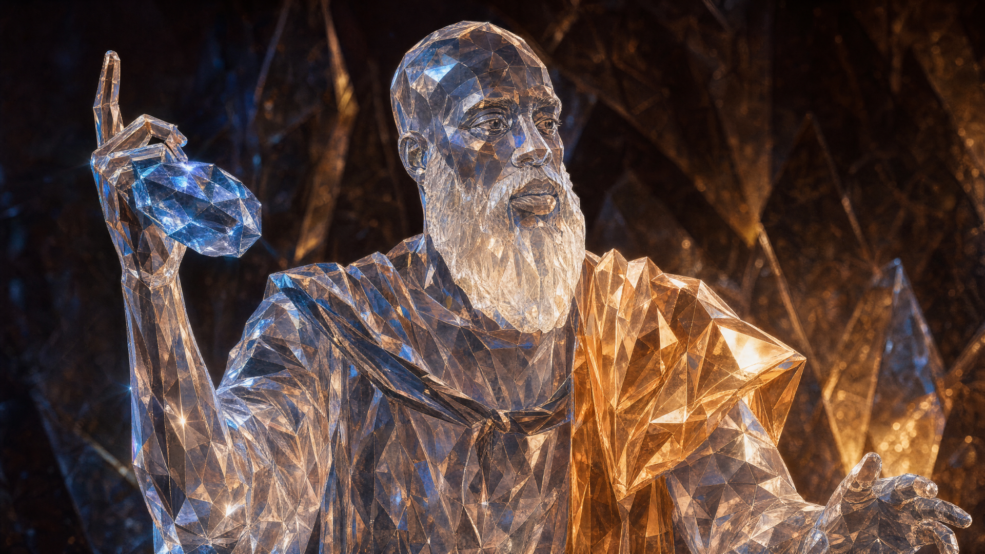 Faceted crystal bearded statue raising a hand in the La Peace meme pose, rendered in warm and cool tones — 4K Ultra HD PC desktop wallpaper/background.