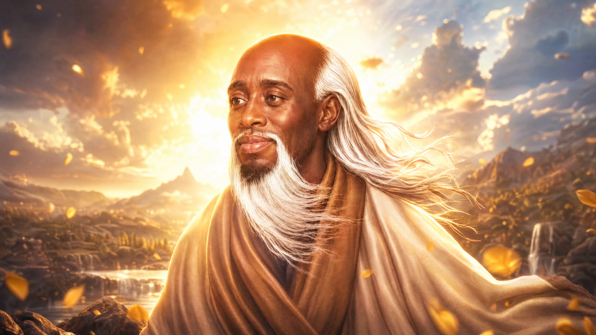 La Peace (meme): saintly elder with flowing white hair and beard against a glowing sunset landscape — 4K Ultra HD PC desktop wallpaper