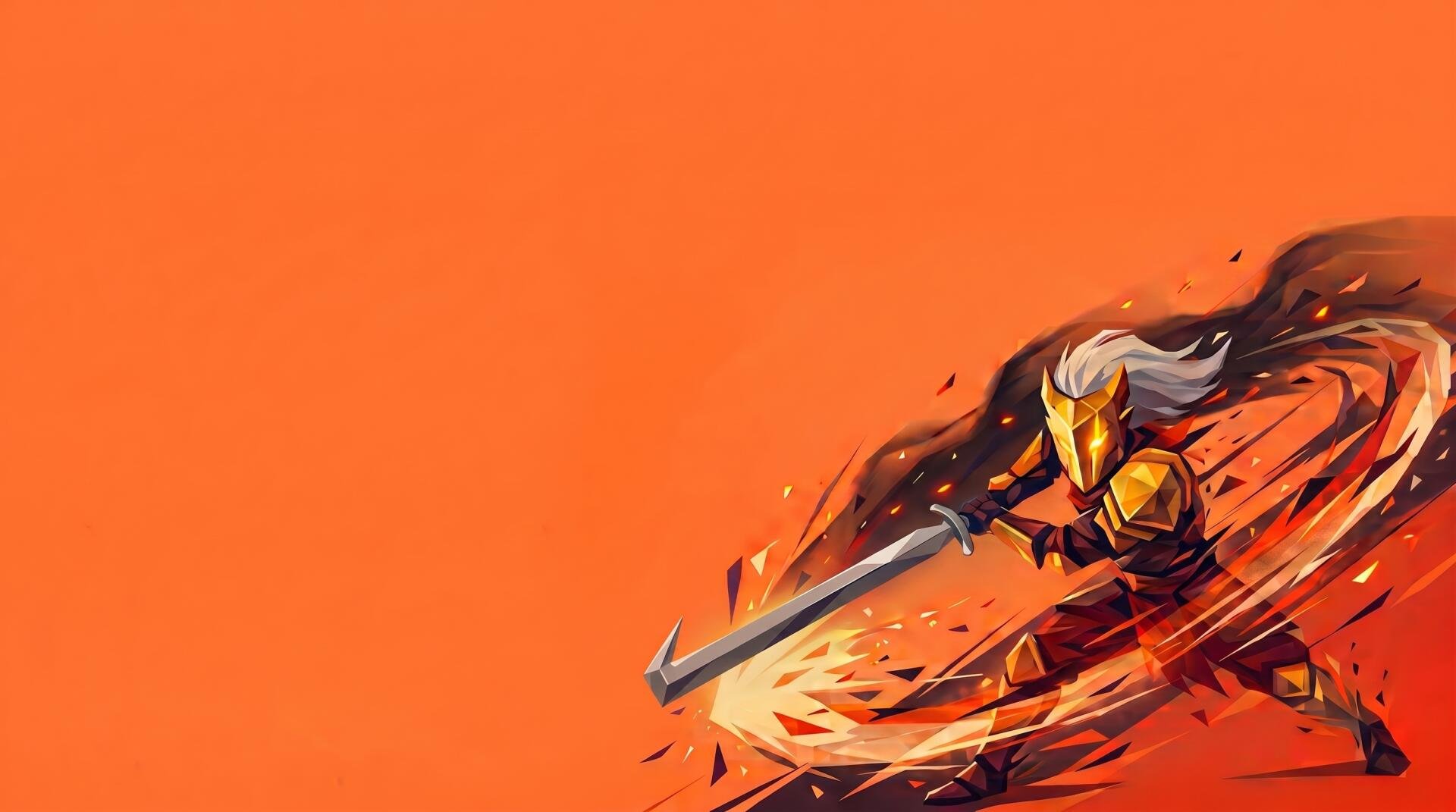 Ironclad from Slay the Spire / Slay the Spire 2 game art slashing with a giant sword on a bold orange 2K Quad HD PC desktop wallpaper and background.