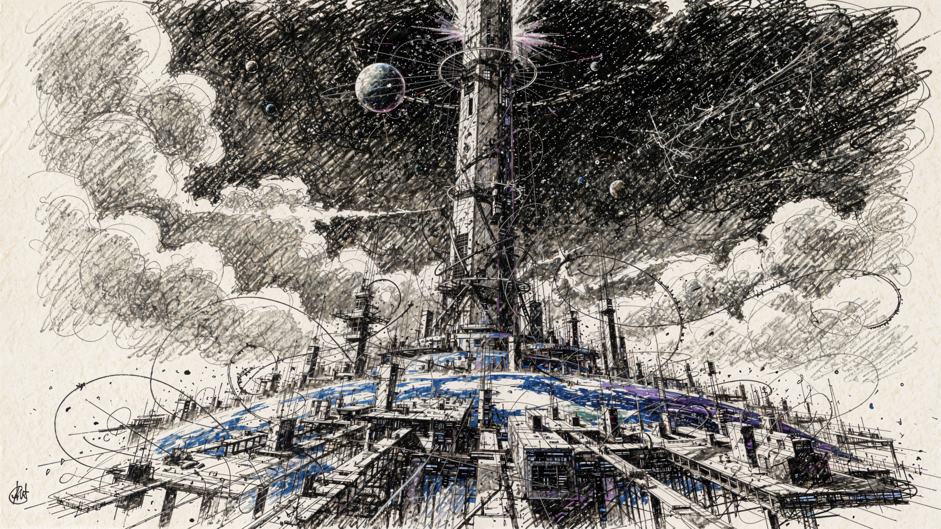 4K Ultra HD PC desktop wallpaper: sketch-style scene of a towering space elevator and launch-pad tower with rockets poised for ascent.