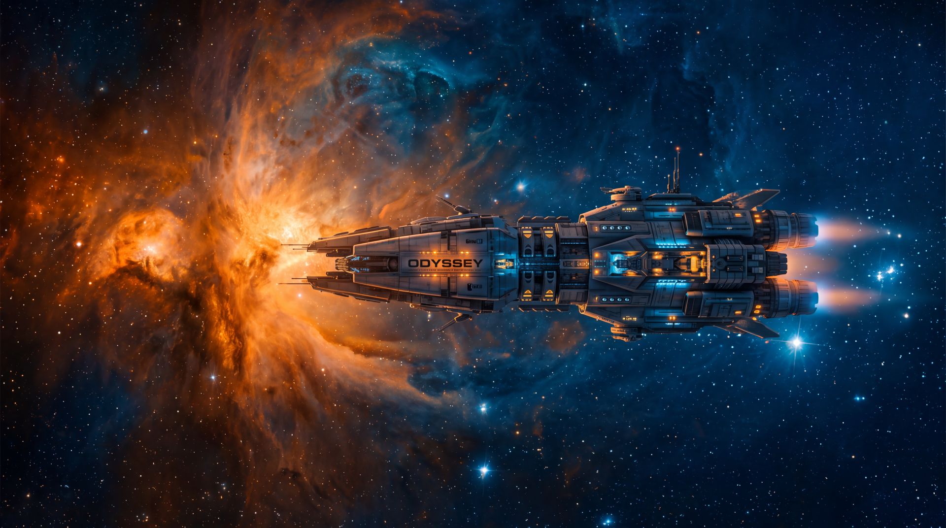 5K Ultra HD PC wallpaper: a spacecraft streaks through deep space, blue thrusters blazing as a fiery nebula explosion erupts nearby.