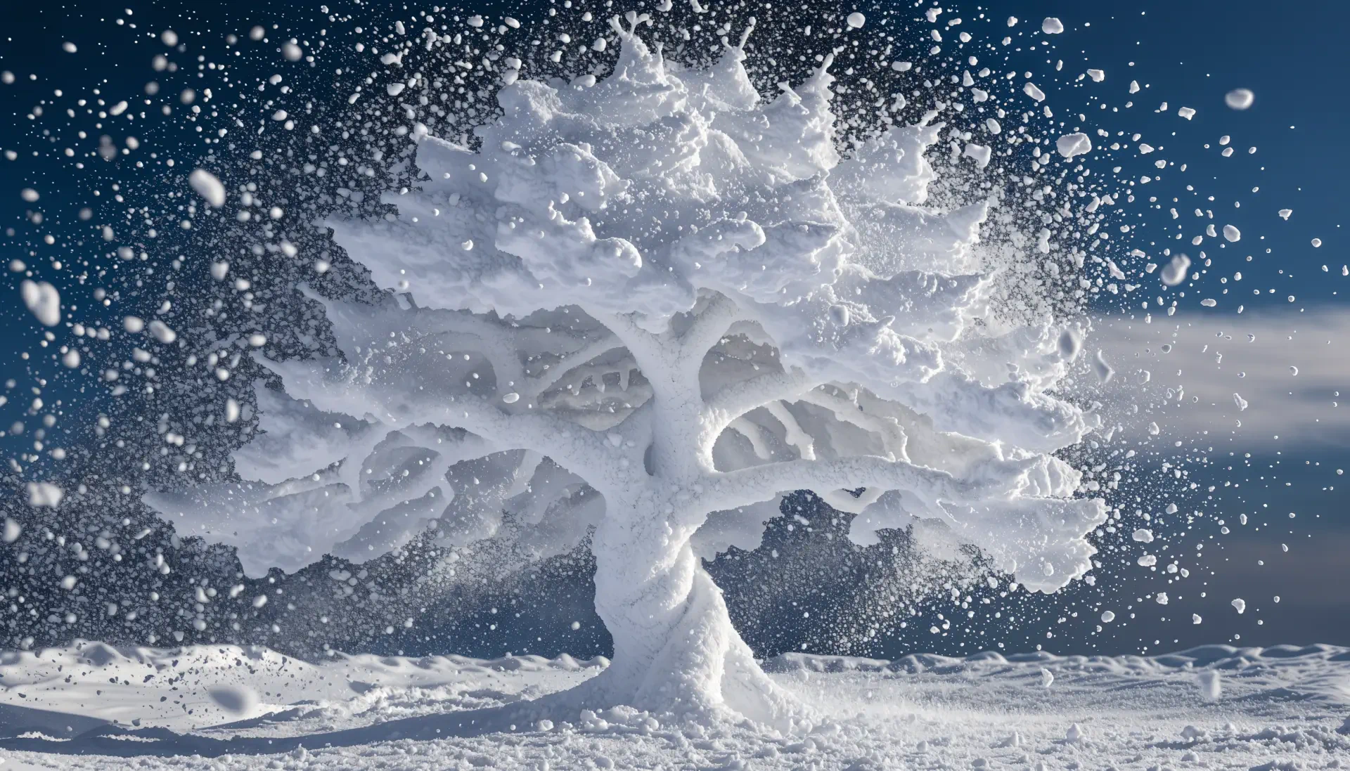 4K Ultra HD PC desktop wallpaper of a lone snow‑sculpted tree in a winter landscape, heavy snowflakes drifting against a crisp blue sky.