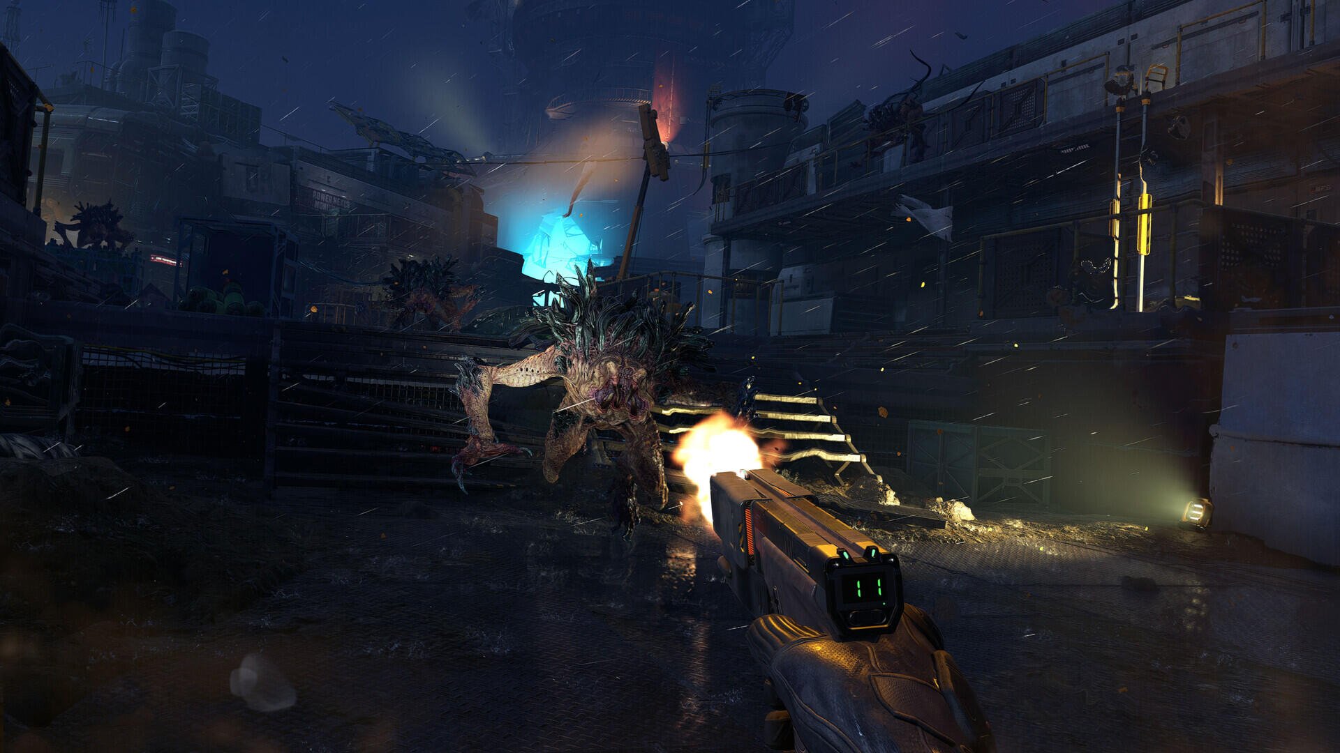 HD PC desktop wallpaper/background from the video game Alien Deathstorm: first-person gun firing at a zombie-like alien amid a dark, stormy ruined city.
