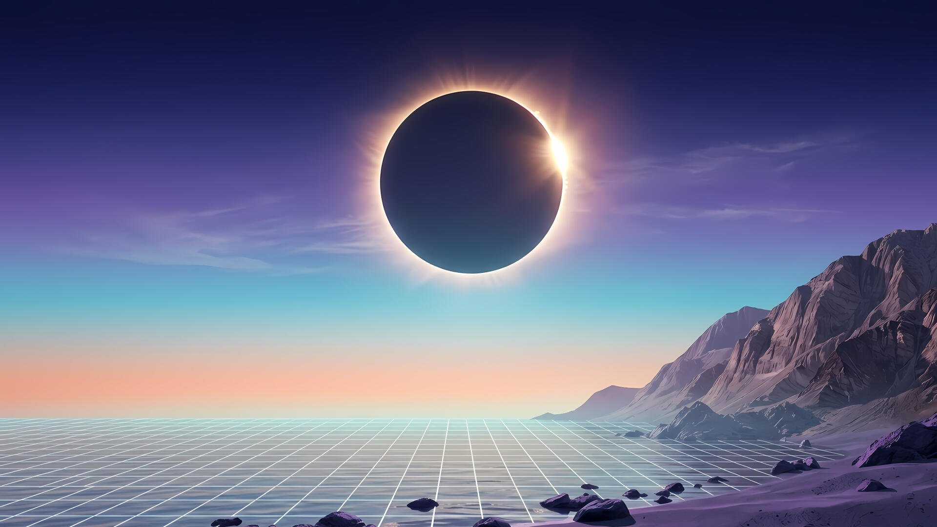 4K Ultra HD PC Desktop Wallpaper and Background: surreal landscape of a glowing solar eclipse above a grid-tiled shoreline with rocky cliffs and a pastel sky.