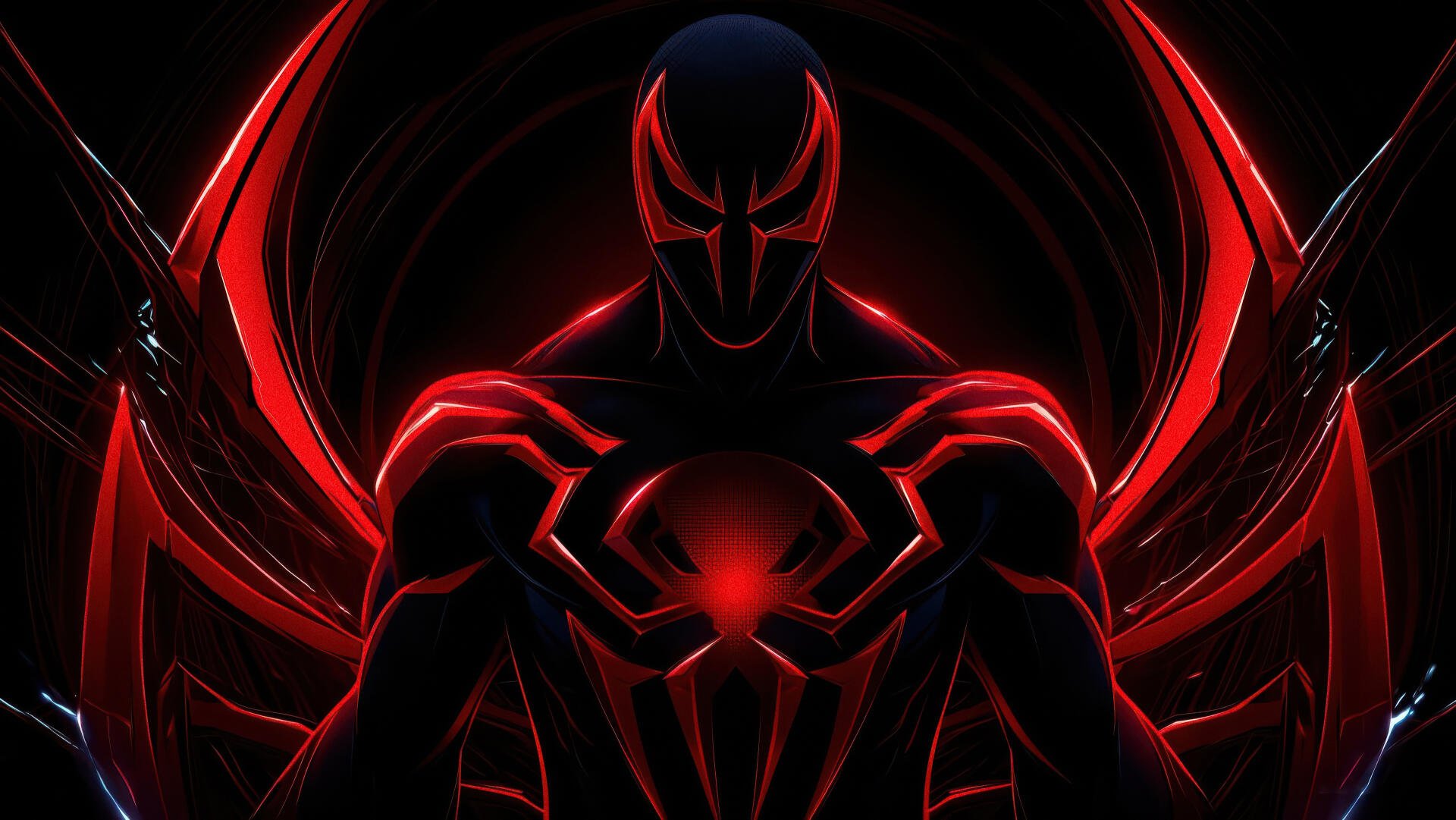 Spider-Man 2099 digital art: dark, red-accented futuristic superhero silhouette with glowing chest emblem and arching web-like blades — 4K Ultra HD PC desktop wallpaper/background.