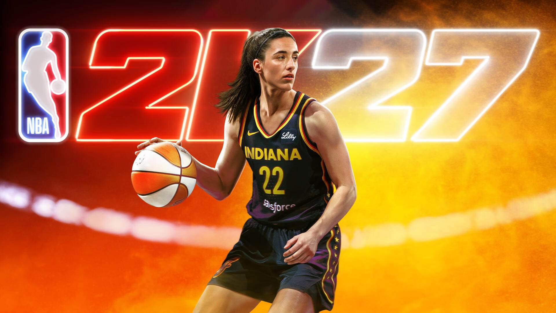 NBA 2K27 video game 4K Ultra HD PC desktop wallpaper and background: Indiana #22 player dribbling a basketball against a glowing red-orange arena backdrop.