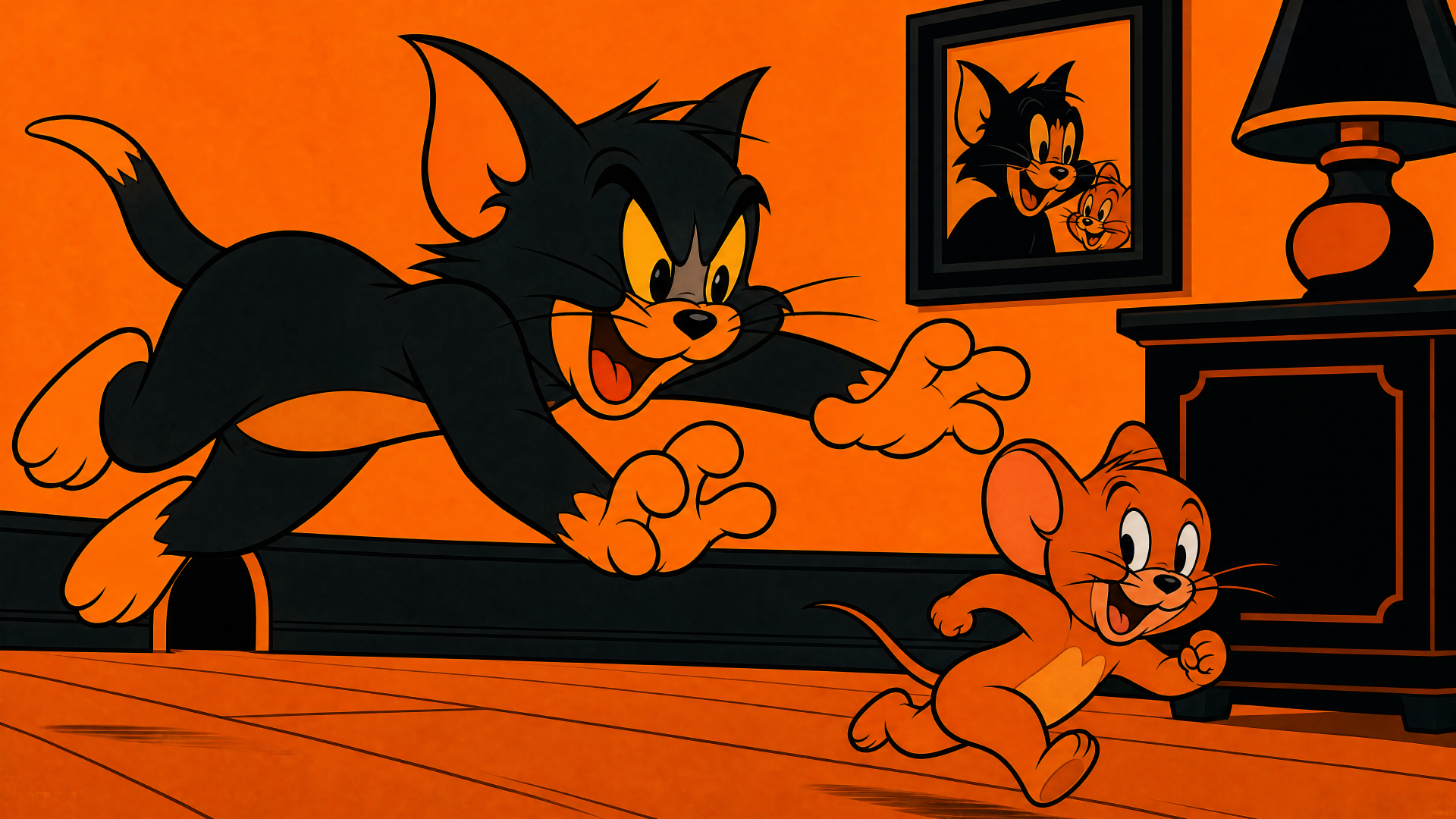 Tom and Jerry cartoon: Tom chases Jerry across a room in a bold orange scene — 4K Ultra HD PC desktop wallpaper/background.