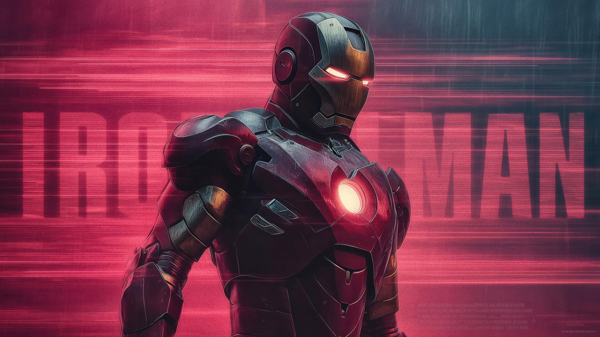Digital art of Iron Man superhero in glowing red armor, chest arc reactor illuminated, futuristic 4K Ultra HD PC desktop wallpaper and background with motion-blur red streaks.