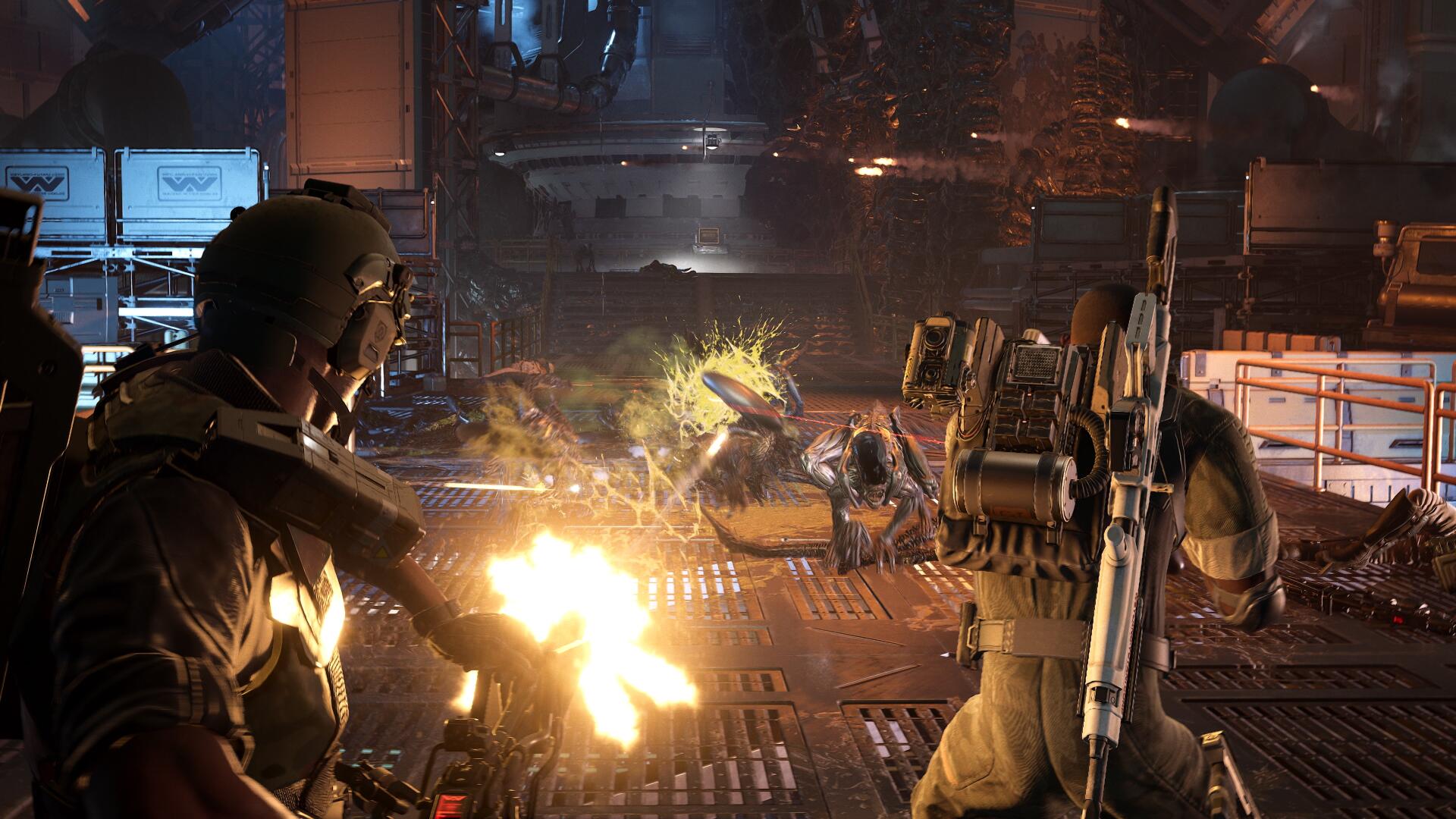 4K Ultra HD PC wallpaper from Aliens: Fireteam Elite 2 — soldiers unleash gunfire on charging aliens across a dim, industrial battlefield.
