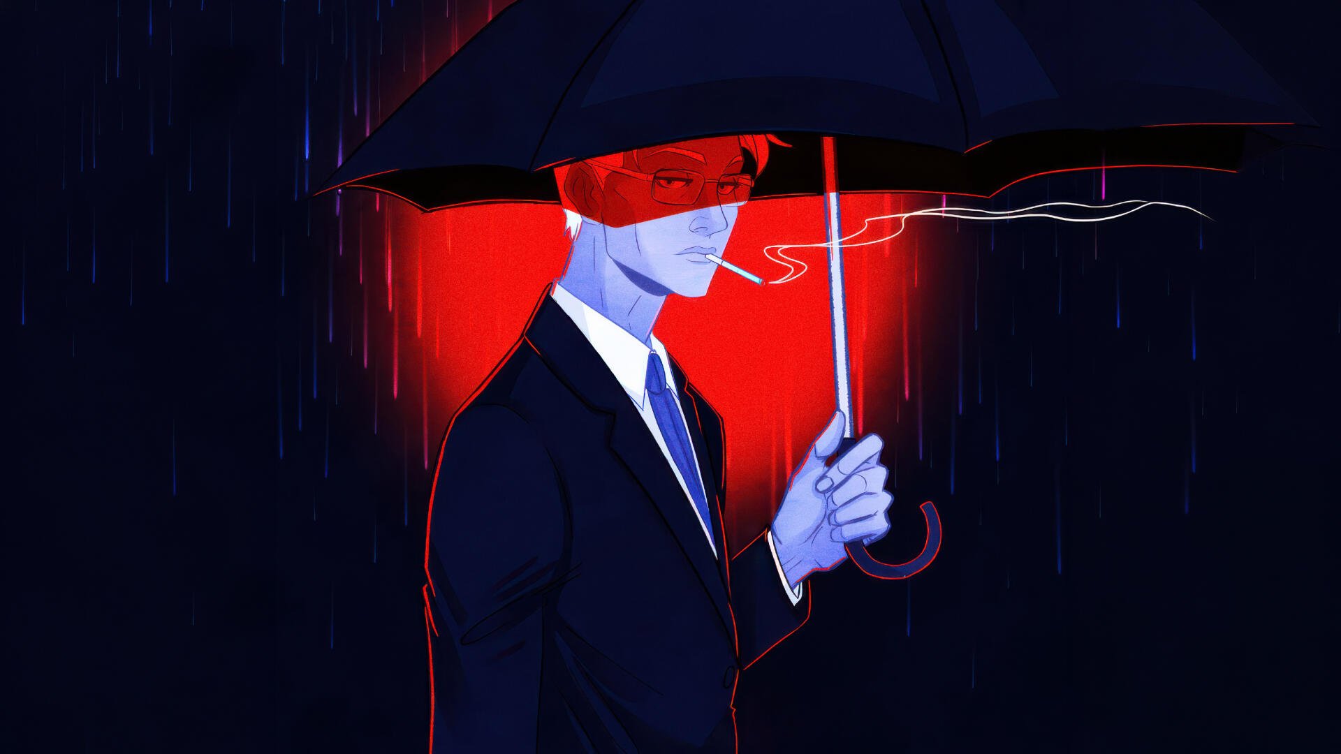 Digital Art of a suited man smoking under a black umbrella in red-lit rain; 5K Ultra HD PC desktop wallpaper and background.
