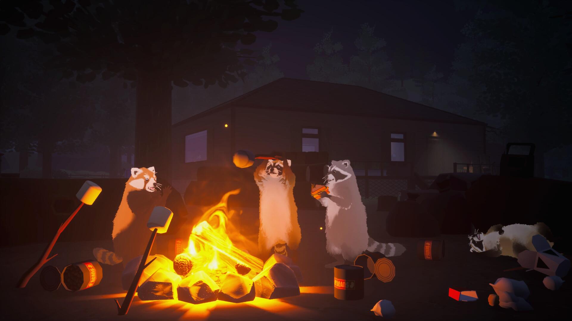 4K Ultra HD video game wallpaper: Dumpster Gang raccoons gathered around a glowing campfire, toasting marshmallows in front of a shadowy house — PC desktop background.