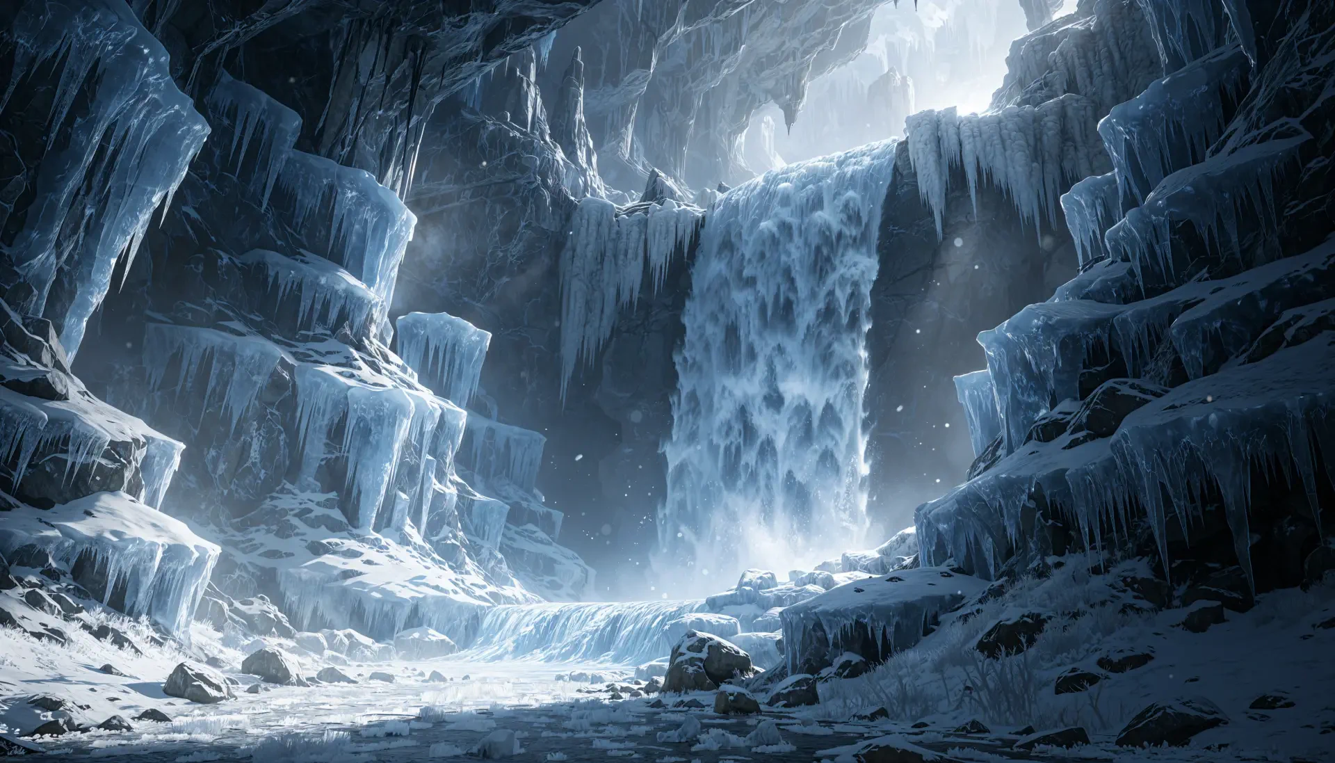 Frozen waterfall in an icy cavern, blue-tinted cliffs and snow under pale light — 4K Ultra HD PC desktop wallpaper and background.