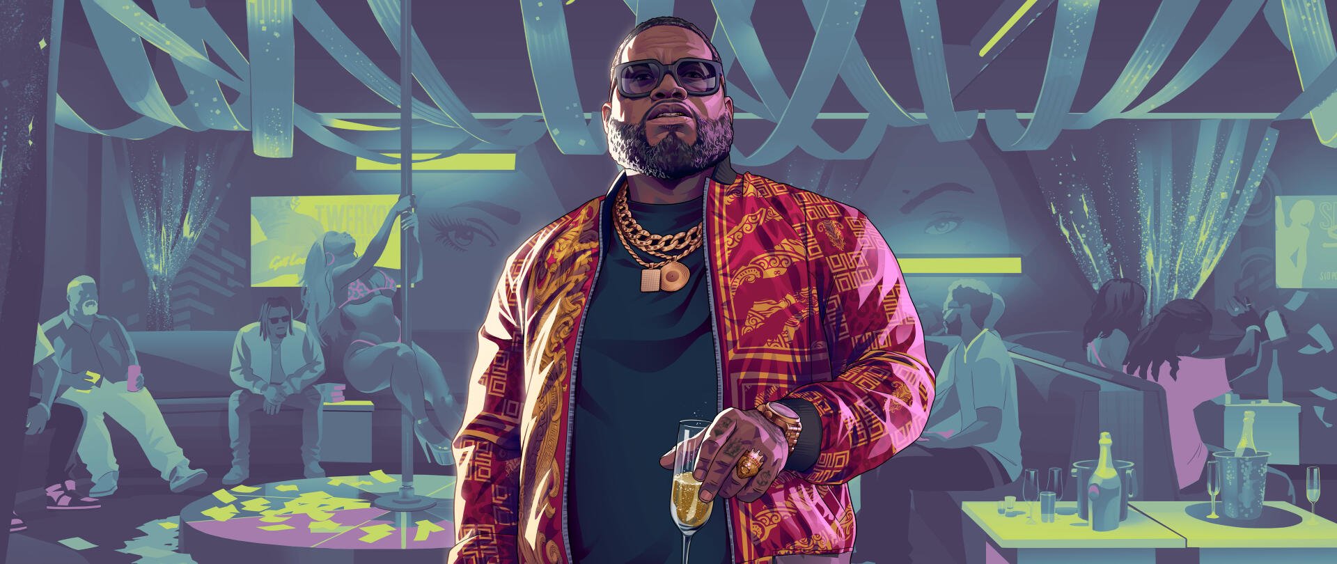 4K Ultra HD PC desktop wallpaper: Grand Theft Auto VI artwork of a bearded man in gold chains and a patterned jacket holding a drink in a neon-lit club, Grand Theft Auto video game scene.