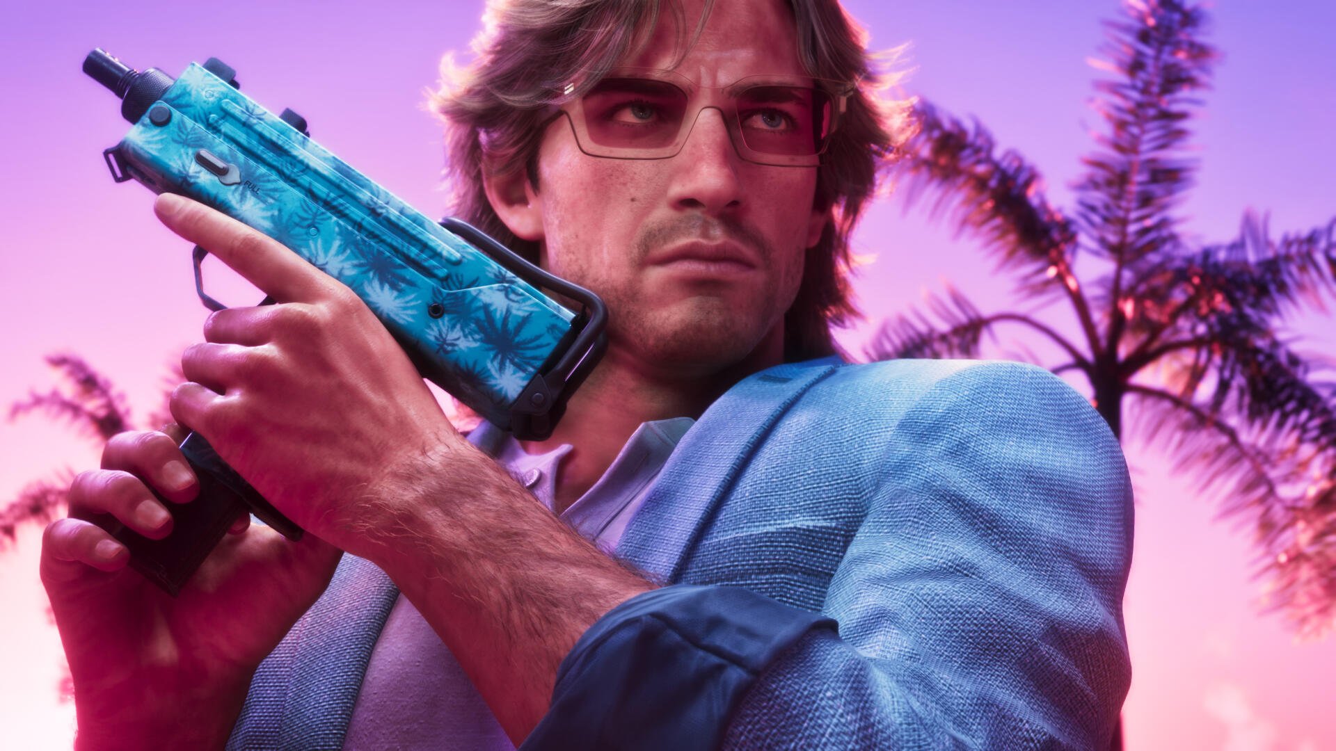 Grand Theft Auto VI 4K Ultra HD PC desktop wallpaper: a man in sunglasses clutching a teal submachine gun against a neon pink sky with silhouetted palm trees.
