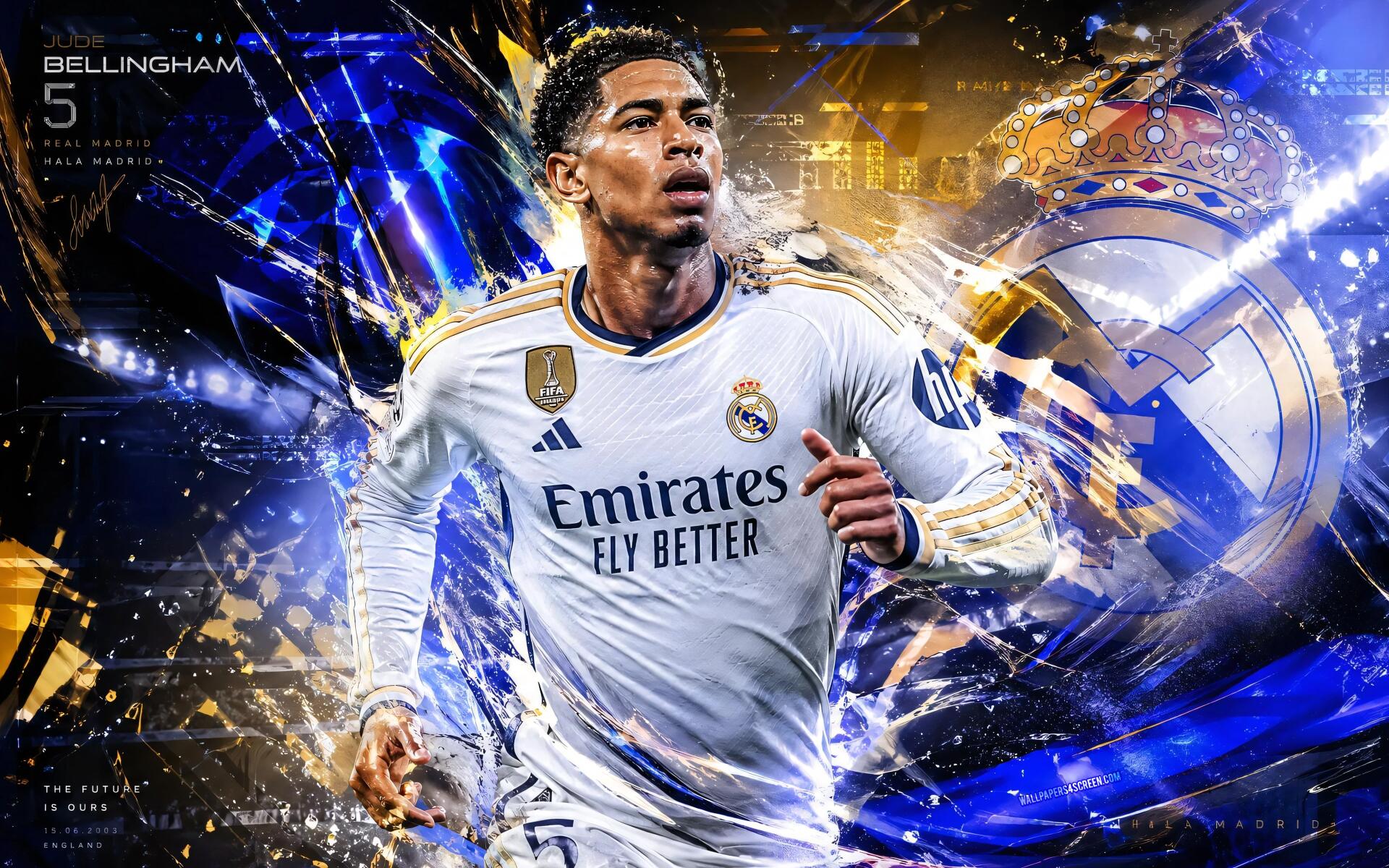 4K Ultra HD PC wallpaper of a professional soccer player in a white club kit (No. 5) charging through blue and gold energy swirls with a glowing club crest behind him.