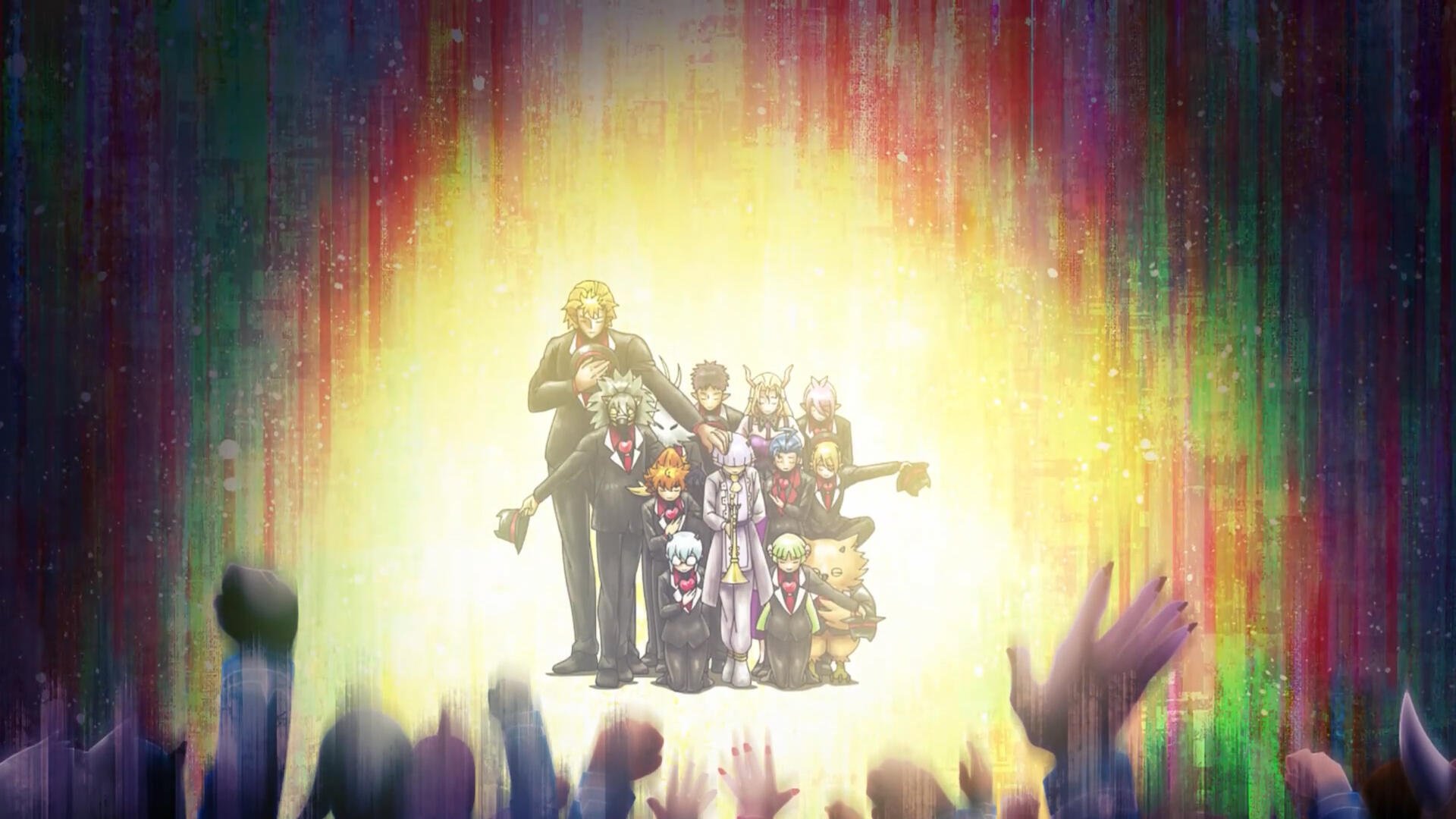 Anime HD desktop wallpaper of Iruma-kun (Welcome to Demon School!) cast grouped in a bright spotlight with a rainbow aurora backdrop and silhouetted reaching hands.